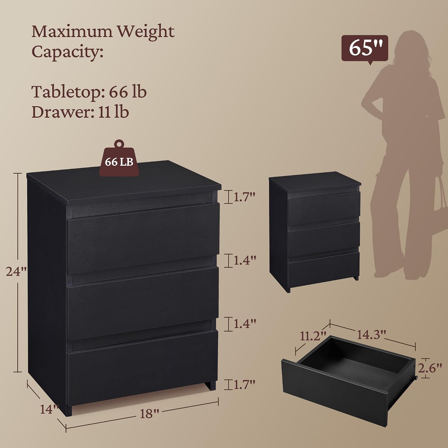 Detalle de Yaheetech 3-Drawer Nightstand