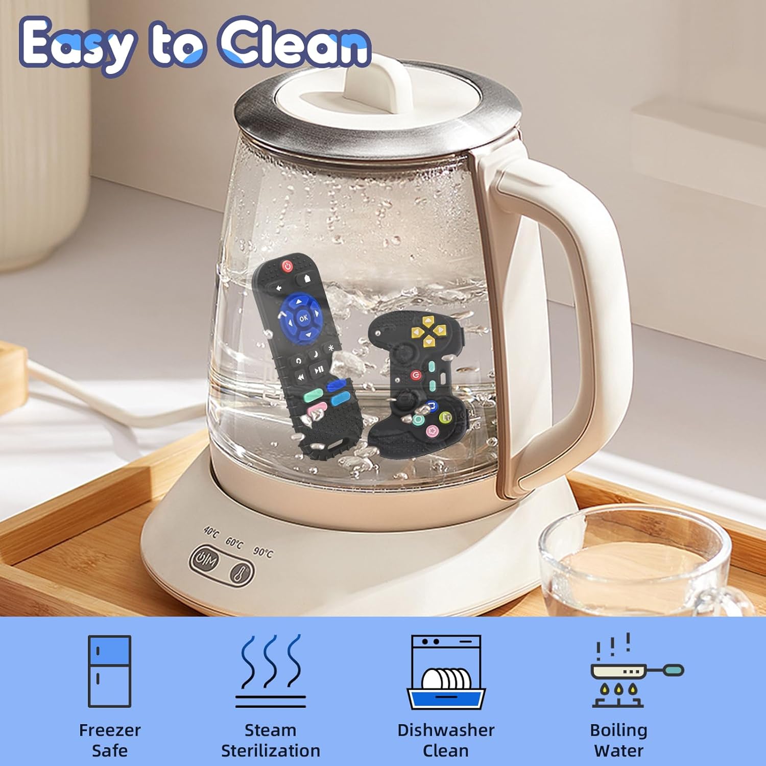 Thumbnail 3 de Anneau de dentition bébé 0 à 6 mois en silicone (télécommande) Noir + Bleu