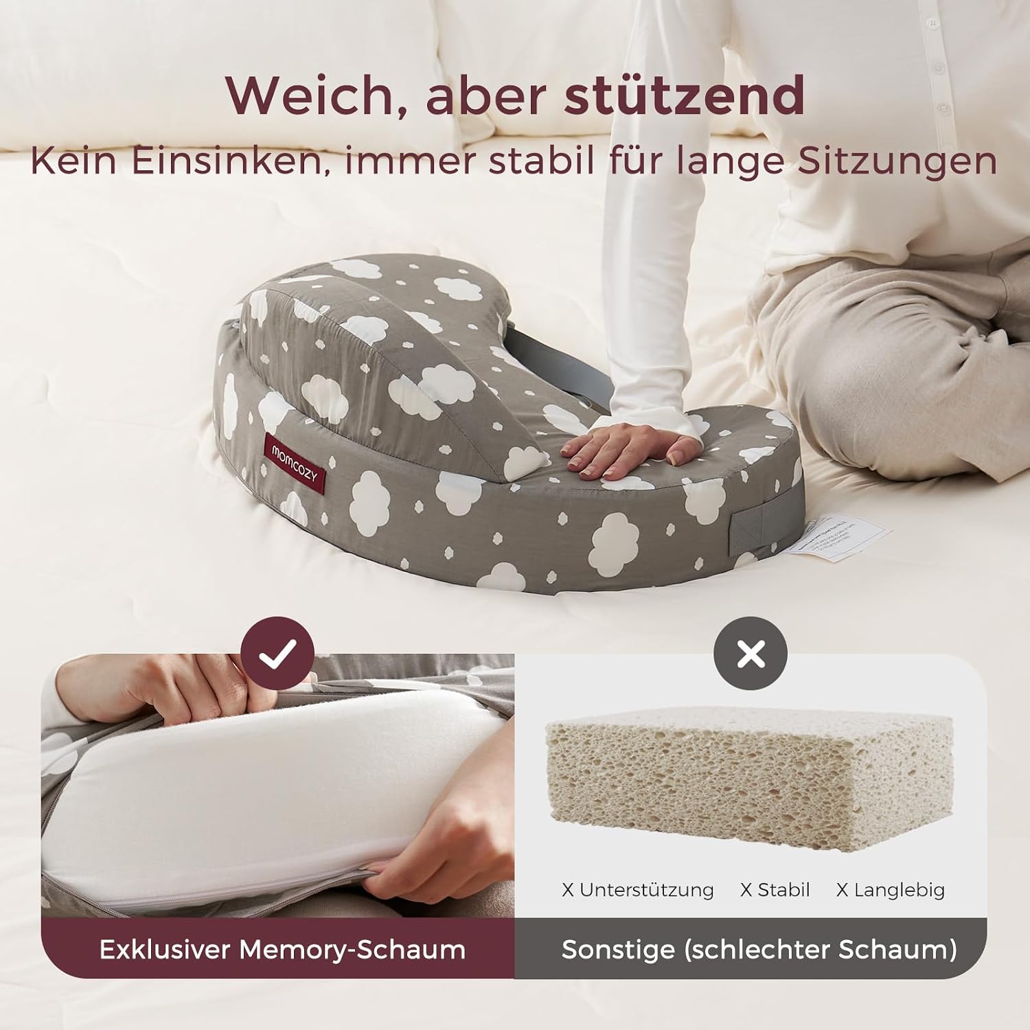 Detalle de Momcozy Stillkissen mit Sicherheitsstütze – Memory-Schaum, breite Stütze und verstellbarer Bezug