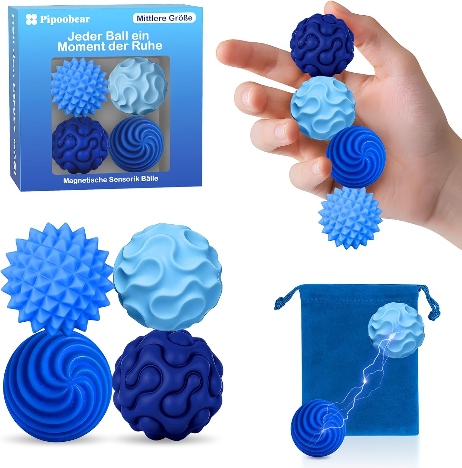 Pipoobear magnetische Fidget Toys – 4 Silikon-Magnetkugeln (mittelgroß, blau) zum Stressabbau