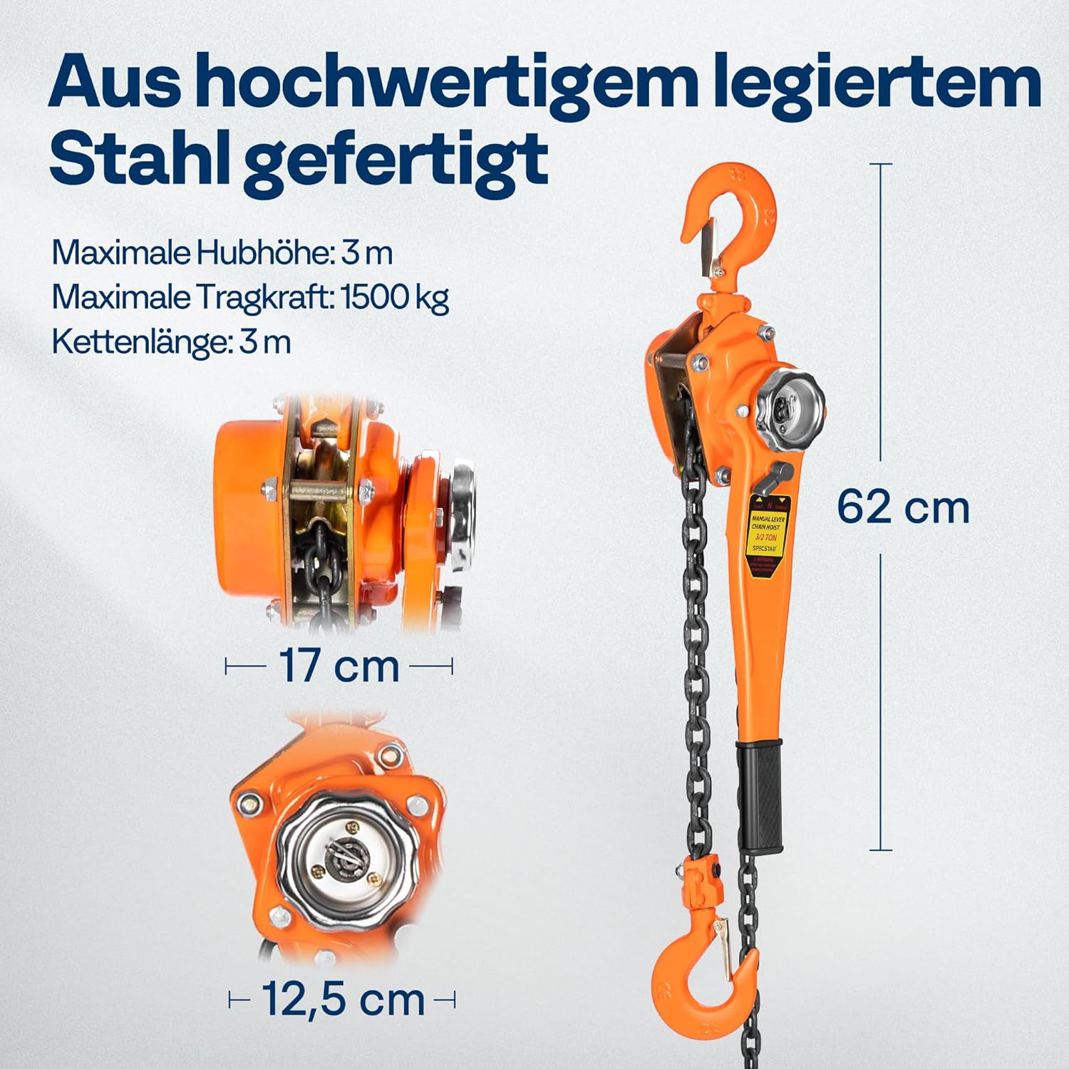 Thumbnail 6 de SPECSTAR Hebelzug 1500 kg – Manueller Kettenzug mit 360° drehbarem Haken, G80 Kette, 3 m Hubhöhe