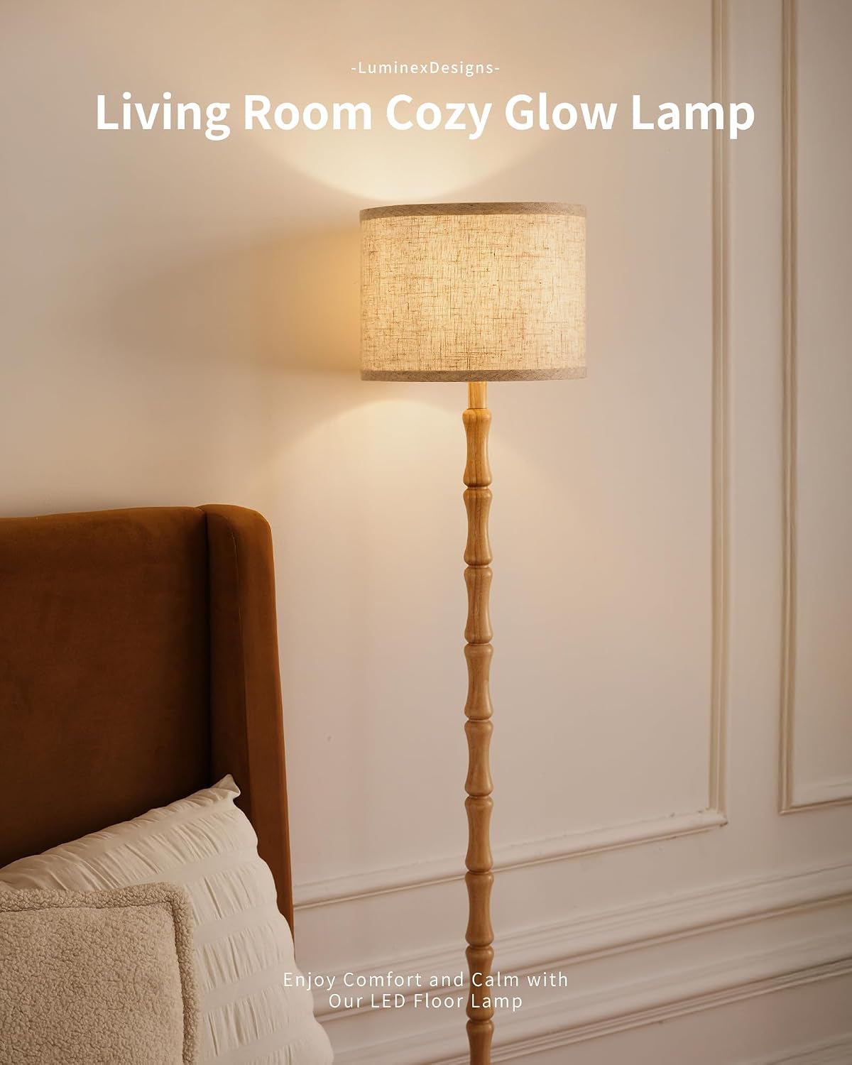 Detalle de LuminexDesigns Wood Floor Lamp for Living Room (167cm) — Natural Oak with Beige Linen Shade, E27 Socket