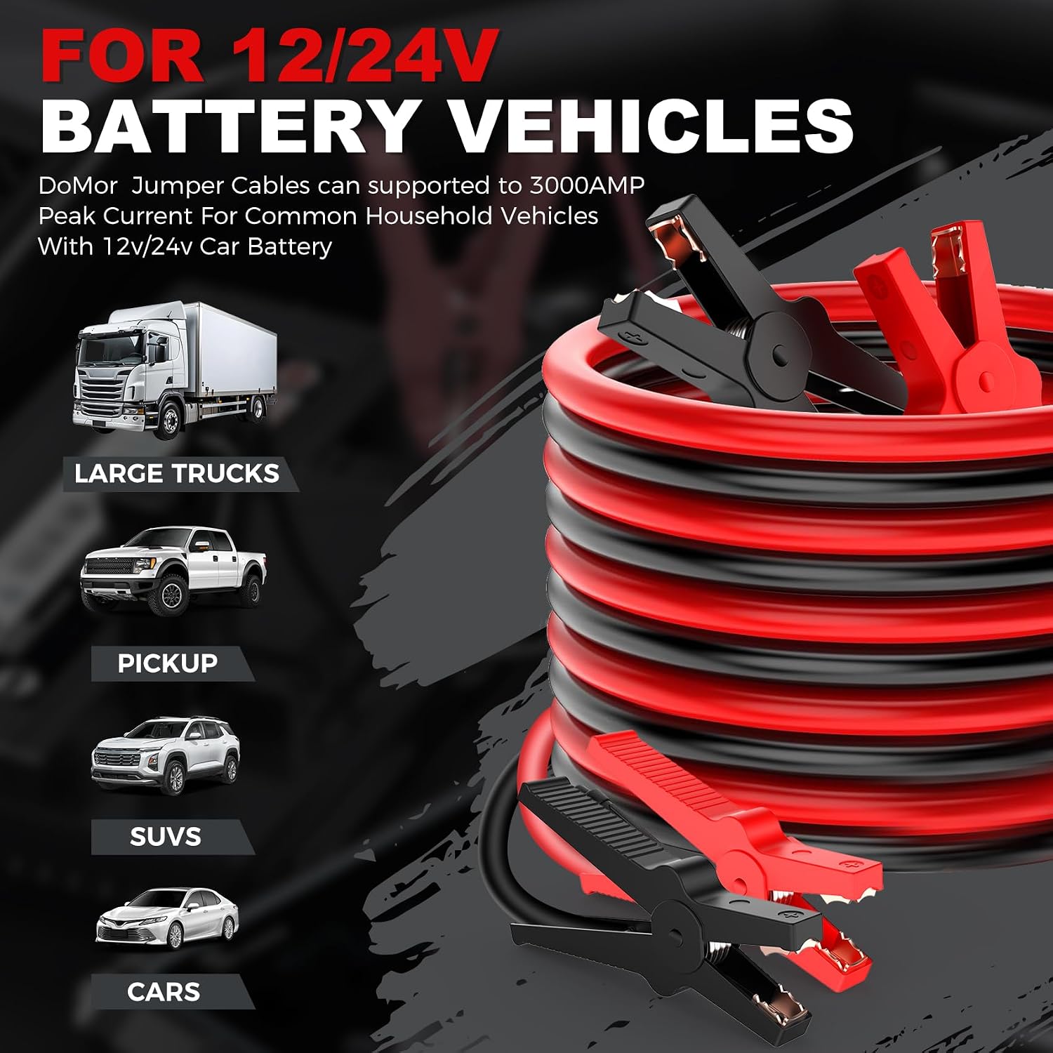 Detalle de Jump Leads Car Van Battery Jumper Cables, 3 Metres, 3000 Amp Heavy Duty with Colour-Coded Copper Clamps