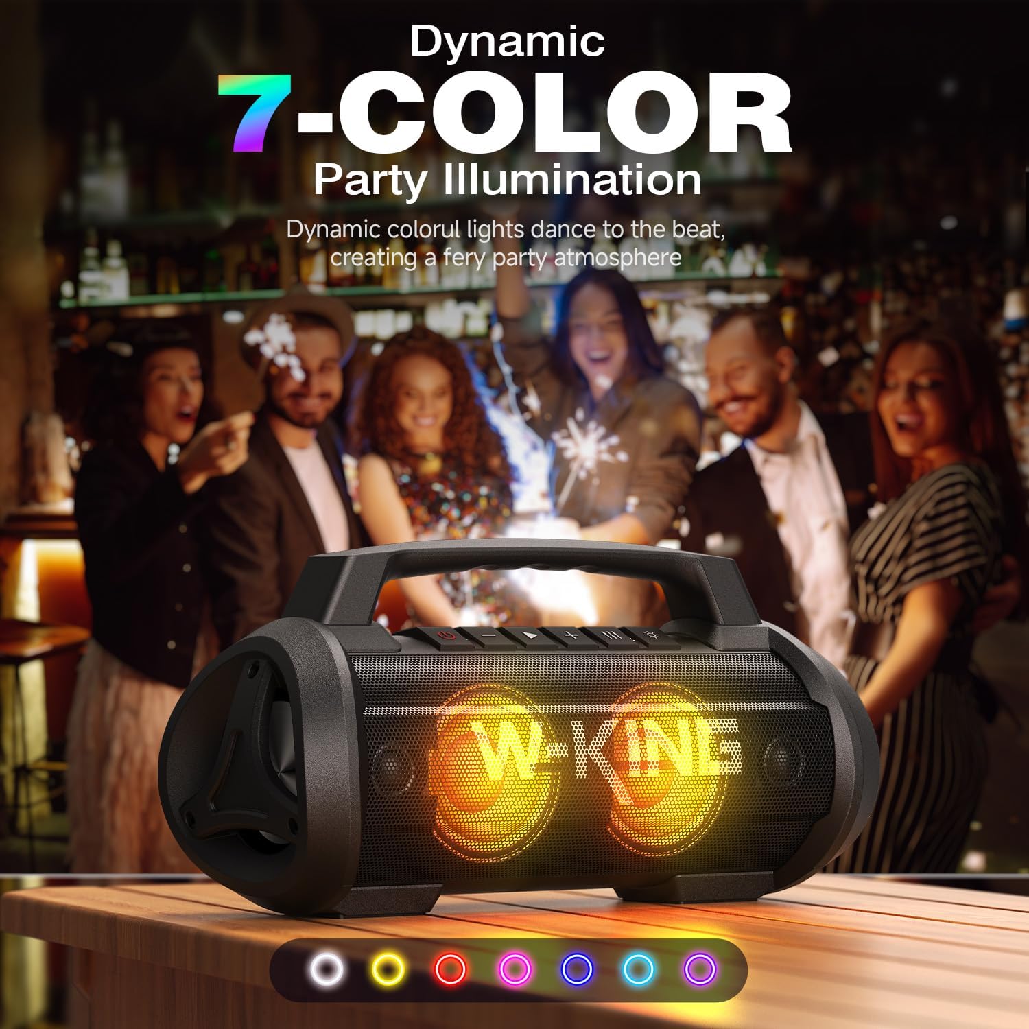 Detalle de W-KING Bluetooth-Lautsprecher D10 (120 W Peak) mit Bass Boost, DSP/EQ, IPX6, 42 Std. Akku, Party-Box-Licht