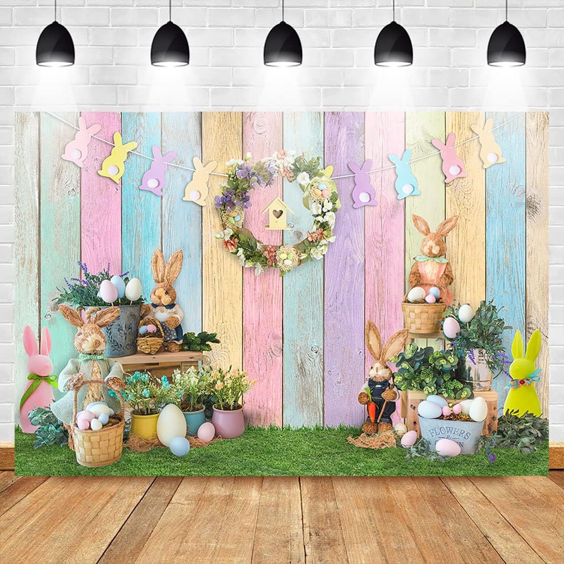 Thumbnail 1 de Avezano Spring Easter Backdrop 7x5ft – Wooden Wall Backdrop with Bunny, Colourful Eggs and Grass