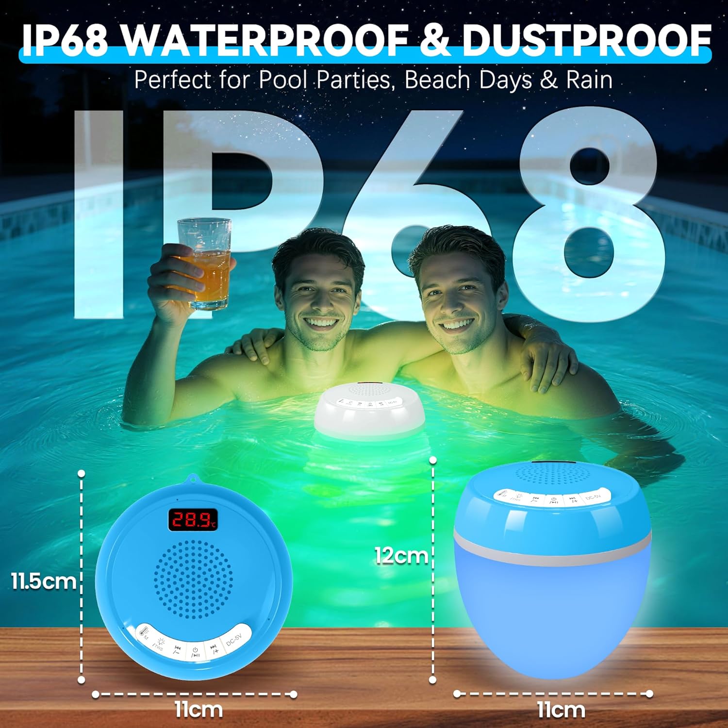 Detalle de AearKing 3 en 1 Enceinte Bluetooth Piscine: Thermomètre Numérique, Lumière Ambiance et Son Stéréo IP68