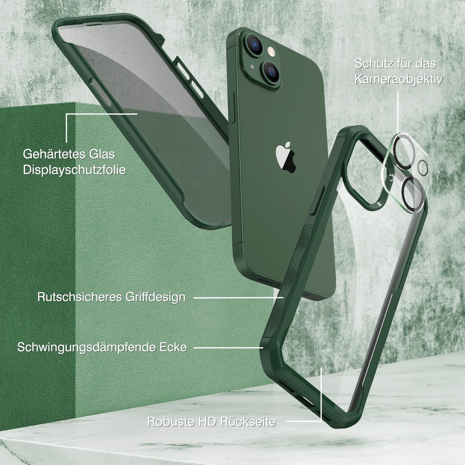 Detalle de CENHUFO Sichtschutz Hülle für iPhone 14/13 – 360° Schutz mit Privacy-Displayglas und Kameraschutz in Grün