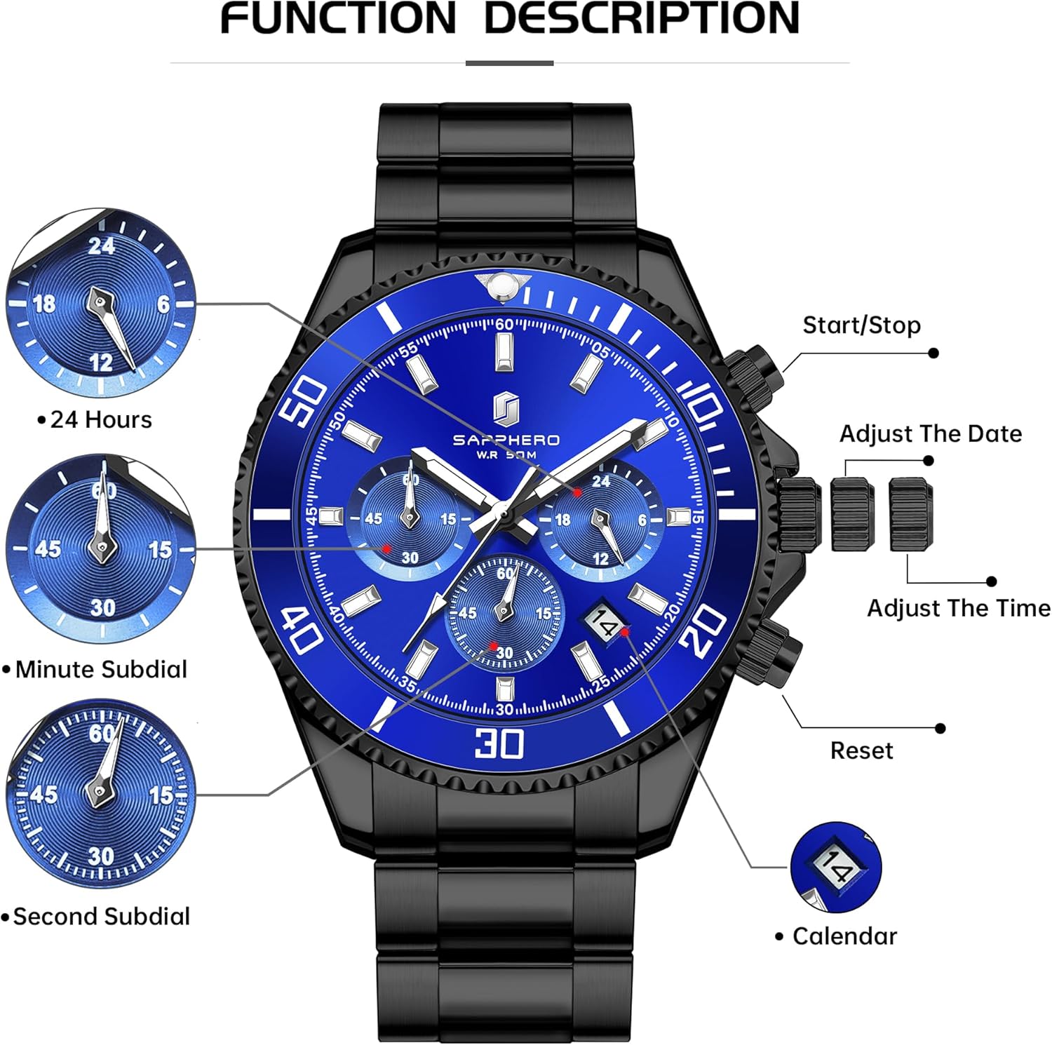 Thumbnail 6 de SAPPHERO Montre Homme en Acier Inoxydable – Chronographe 42 mm, 50M, Quartz, Élégante et Durable