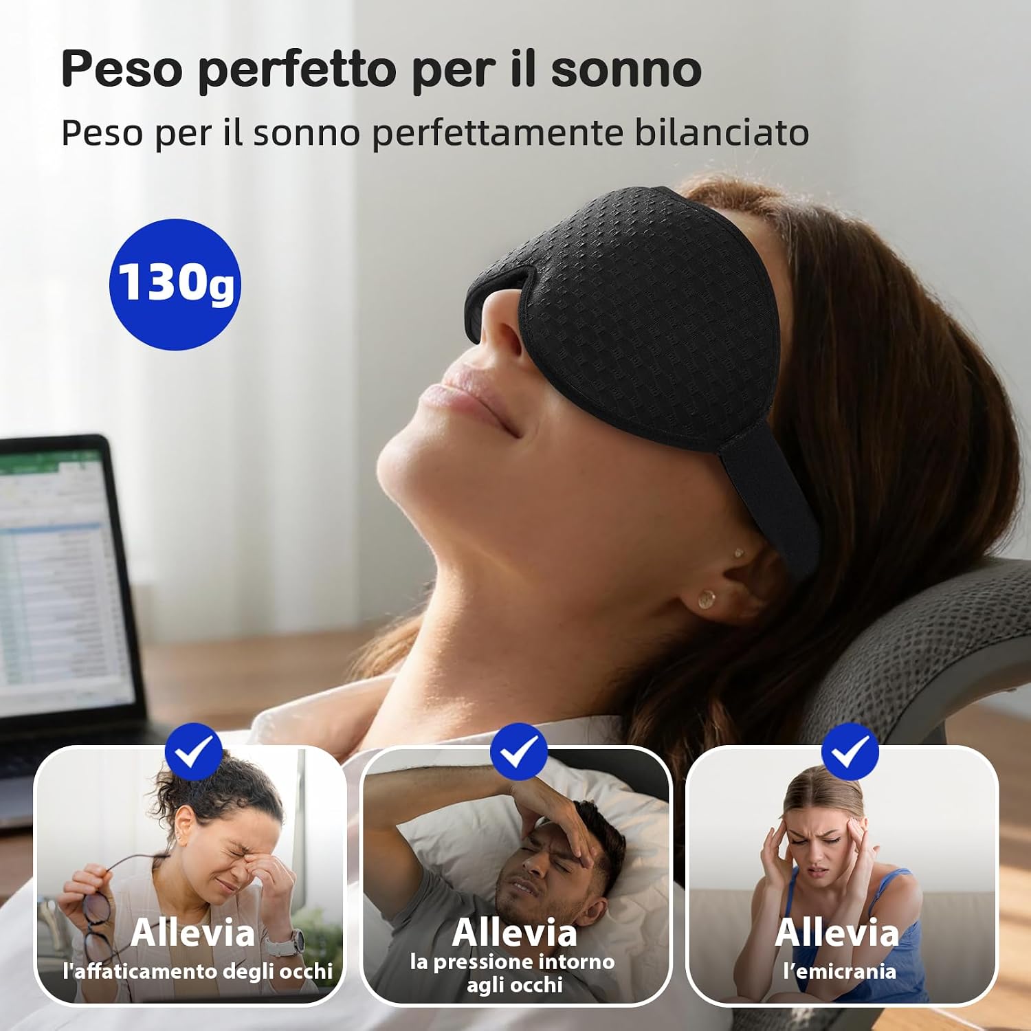Thumbnail 2 de INNELO Mascherina per Dormire Ponderata Migliorata: comfort 3D, oscuramento totale e peso calibrato per sonno profondo