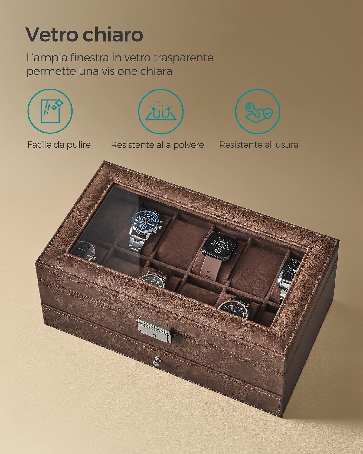 Detalle de SONGMICS Porta Orologi a 12 Posti, 2 Livelli con Vetrina e Coperchio in Vetro – JWB012K01