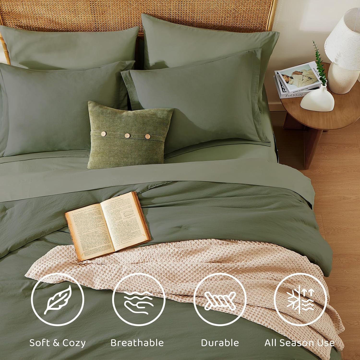 Thumbnail 4 de Oversized King Size Comforter Set - 7 Pieces Bed in a Bag in Olive Green
