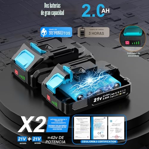 Detalle de Desbrozadora a batería 21V Leeikoo: kit completo con 2 baterías de 2.0Ah y cuchillas metálicas