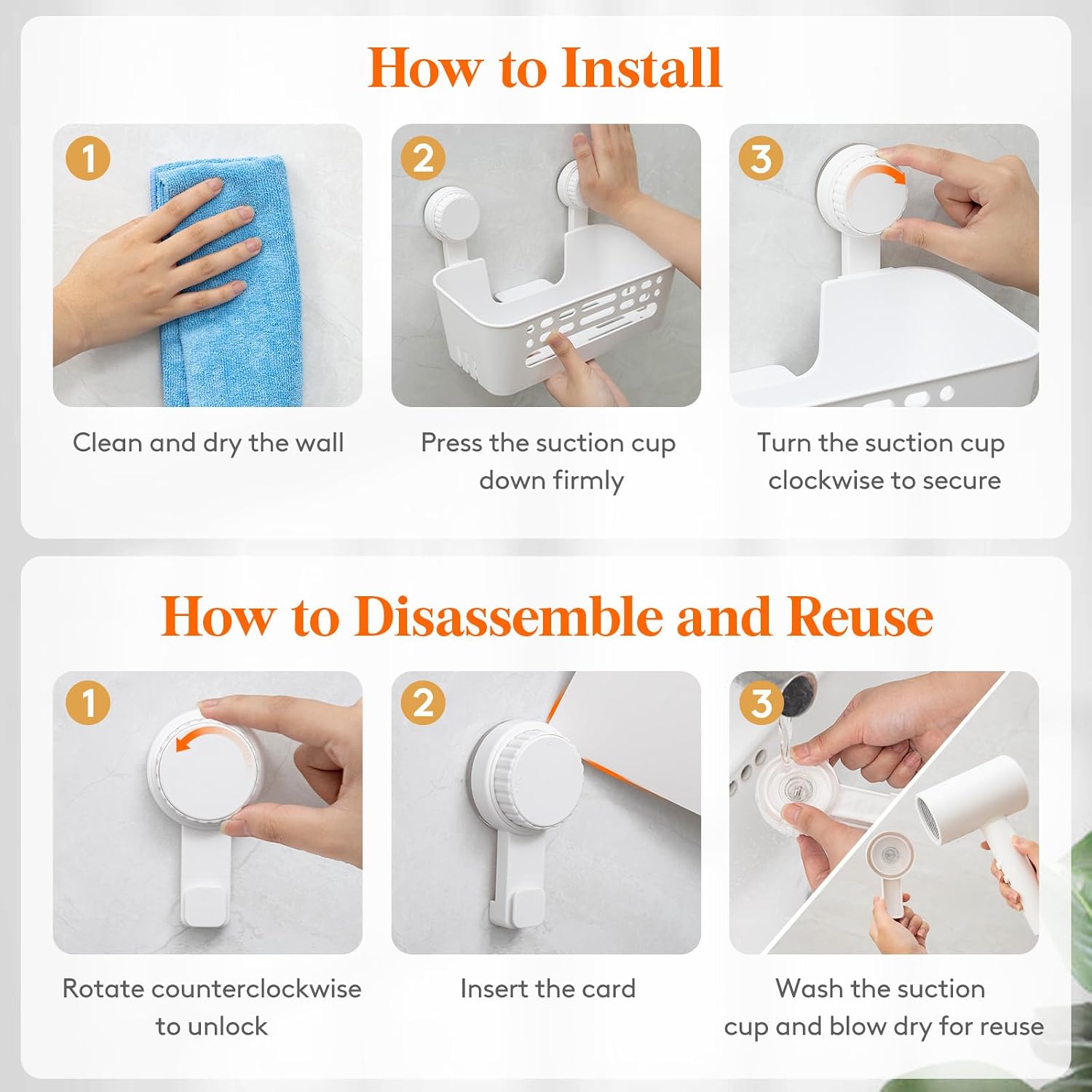 Thumbnail 5 de Lifewit 24407 Suction Cup Shower Caddy, 26 cm, No-Drill White Shelf