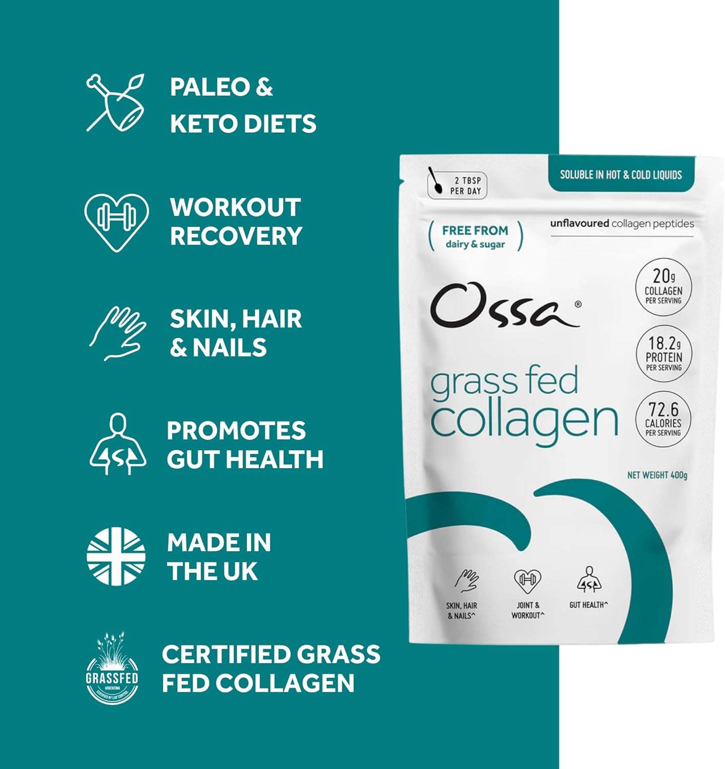 Thumbnail 3 de Ossa Collagen Peptides Powder 400g (Grass Fed) — natural protein supplement for hair, skin, joints & muscles