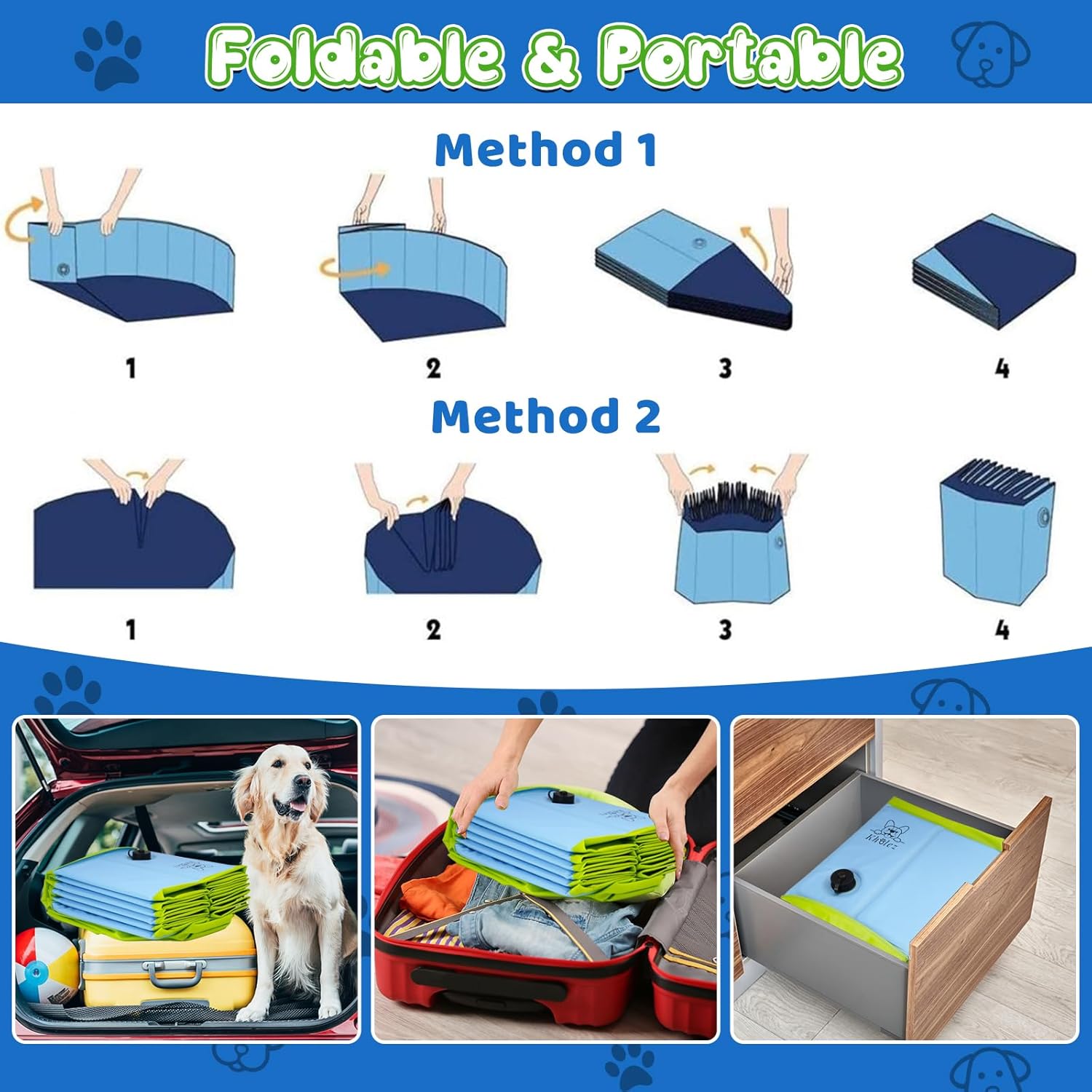 Thumbnail 5 de Dog Paddling Pool, Upgraded 120 x 30 cm Foldable Pet Swimming Pool with Bath Brush and Hose Adapter