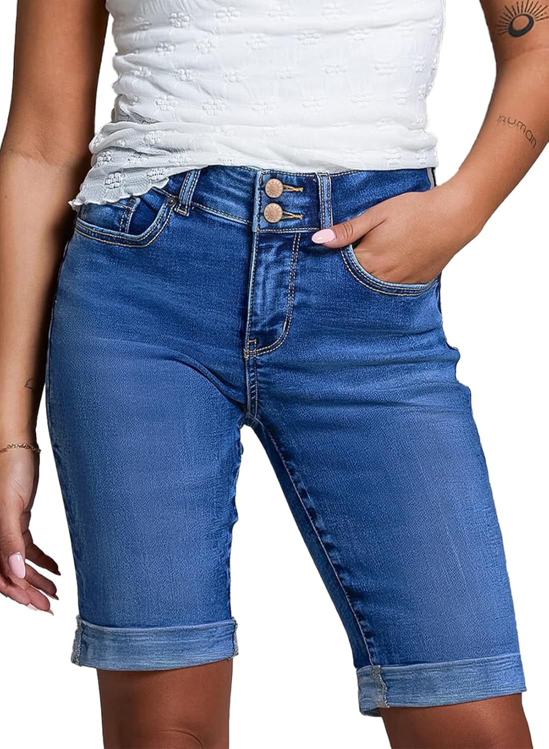 Detalle de Sidefeel Women's High Waisted Stretch Denim Bermuda Shorts with Rolled Hem