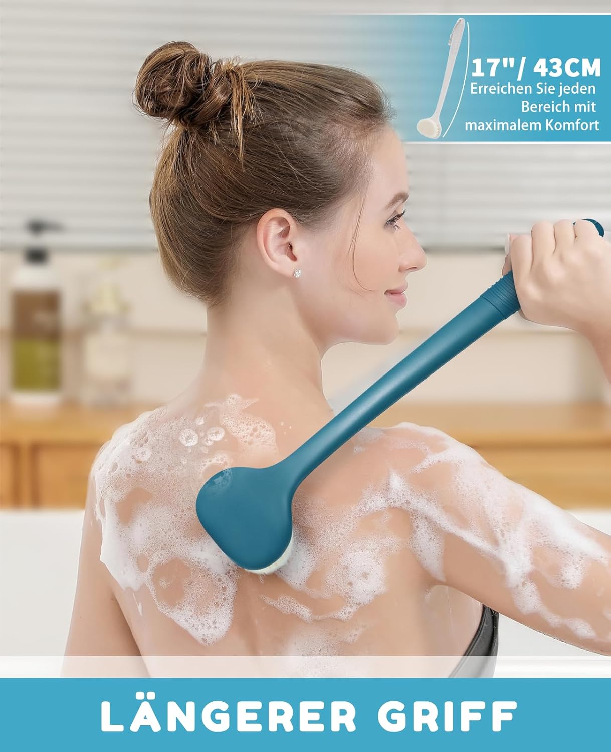Detalle de Back Scrubber for Shower with 17" Long Handle – Non-Slip Grip, Navy Blue