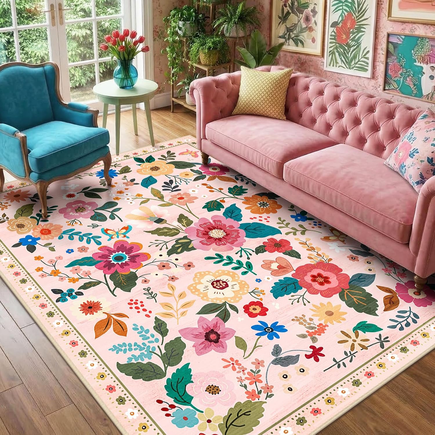 Detalle de RELEANY Floral 5x7 Area Rug — Machine Washable, Soft Print Boho Carpet