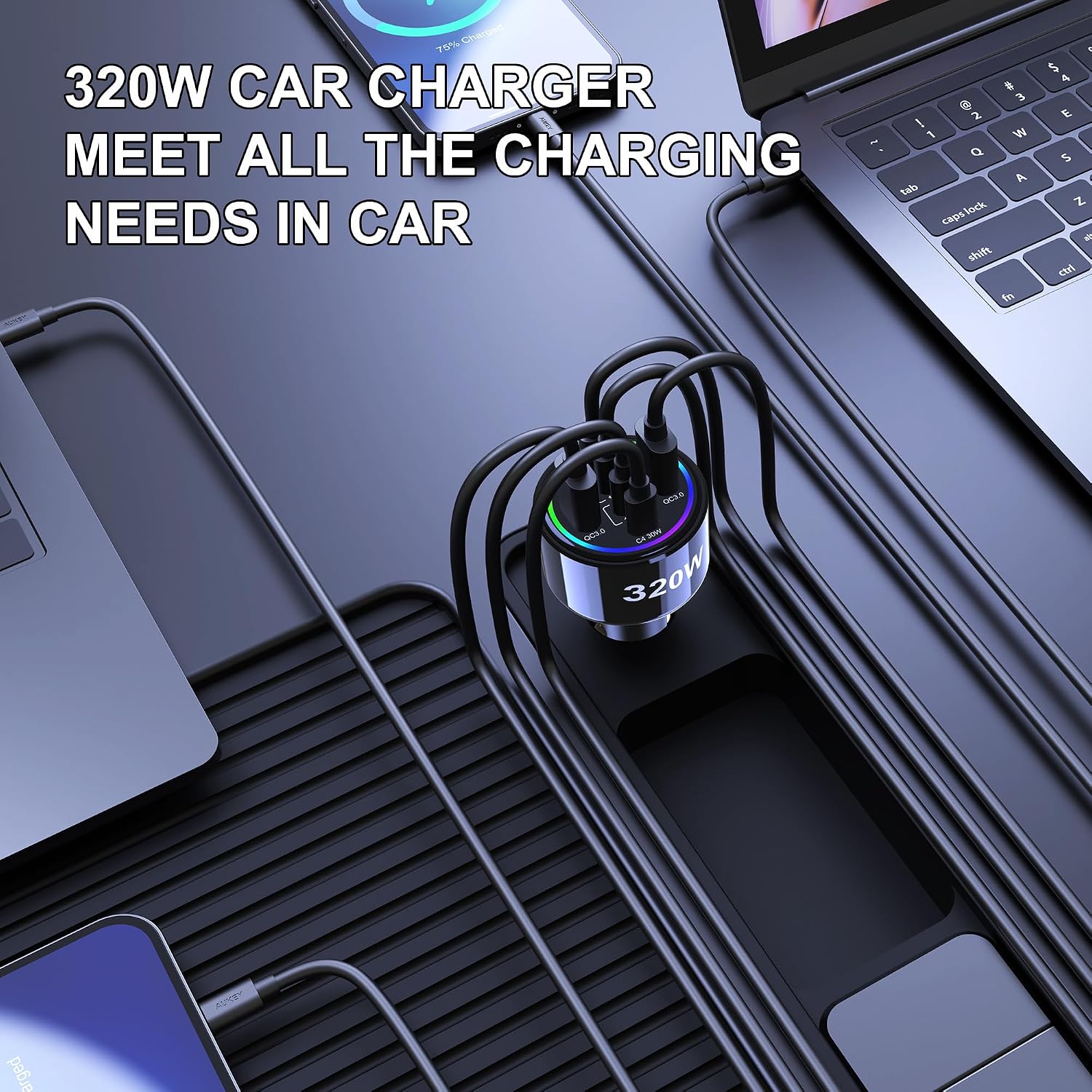 Detalle 2 de 320W USB-C Car Charger with 6 Ports: PD3.0/QC4.0 PPS Fast Charging for iPhone, MacBook, and More
