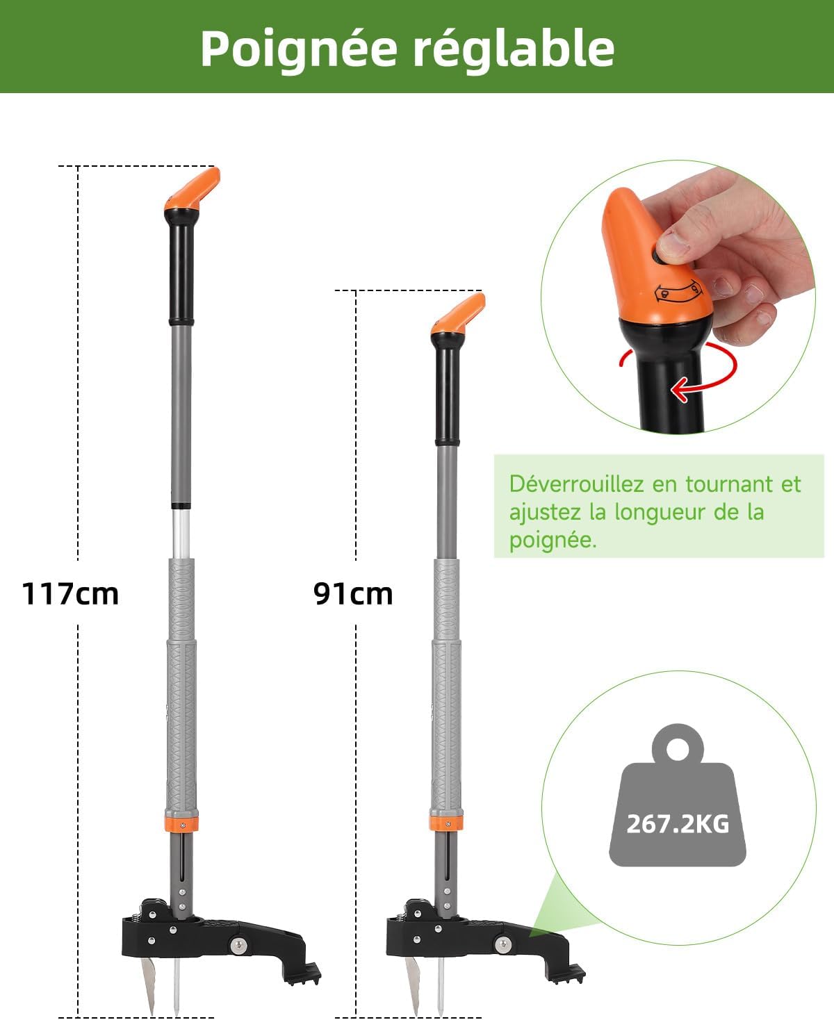 Detalle de HAUSPROFI Désherbeur Manuel Extensible (91–117 cm) avec Sac de Jardin 50 L – 4 Dents et Retour Automatique