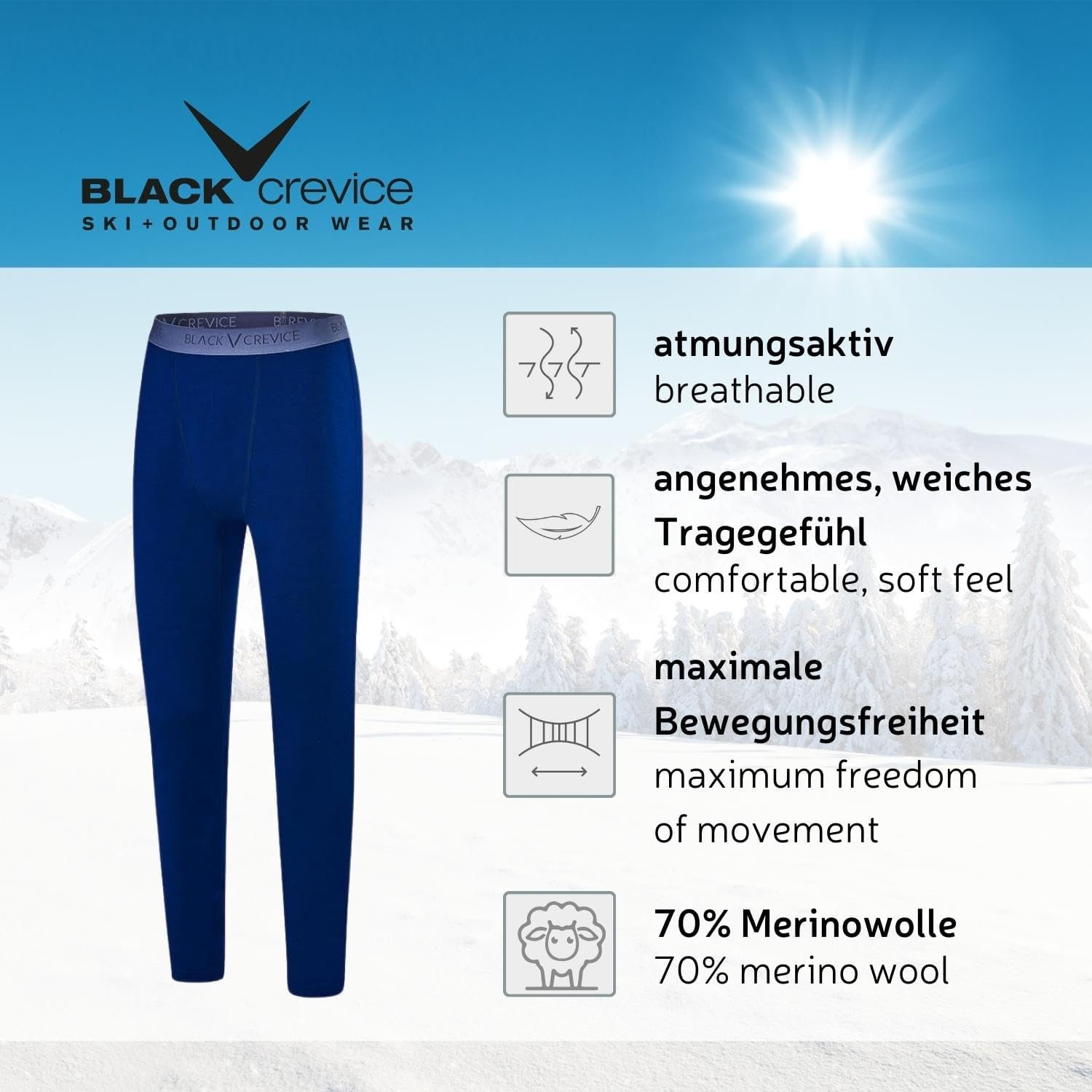 Detalle 2 de Black Crevice Leggings mérinos Homme – Leggings thermorégulateurs pour ski et sport