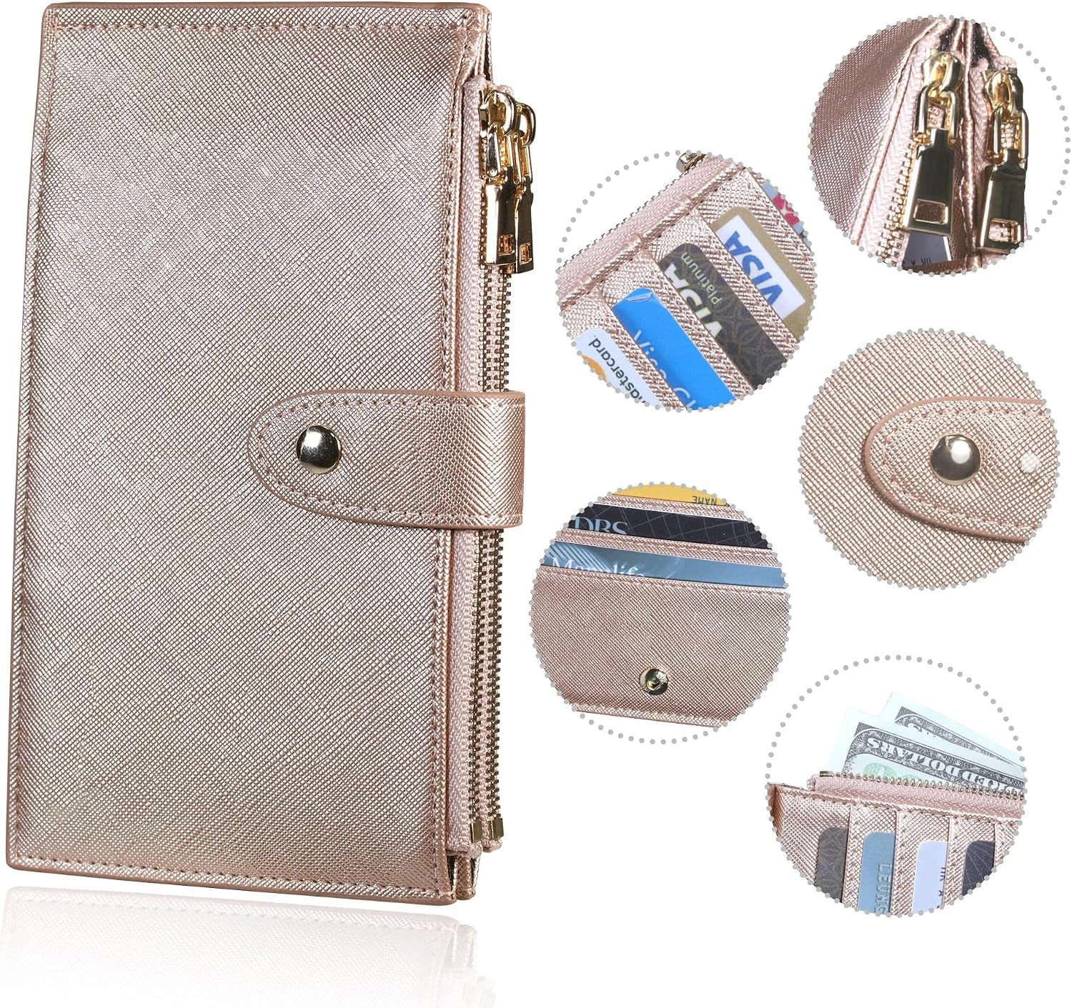 Detalle 2 de Travelambo RFID Bifold Wallet for Women, Rose Gold Leather with Zipper Pockets