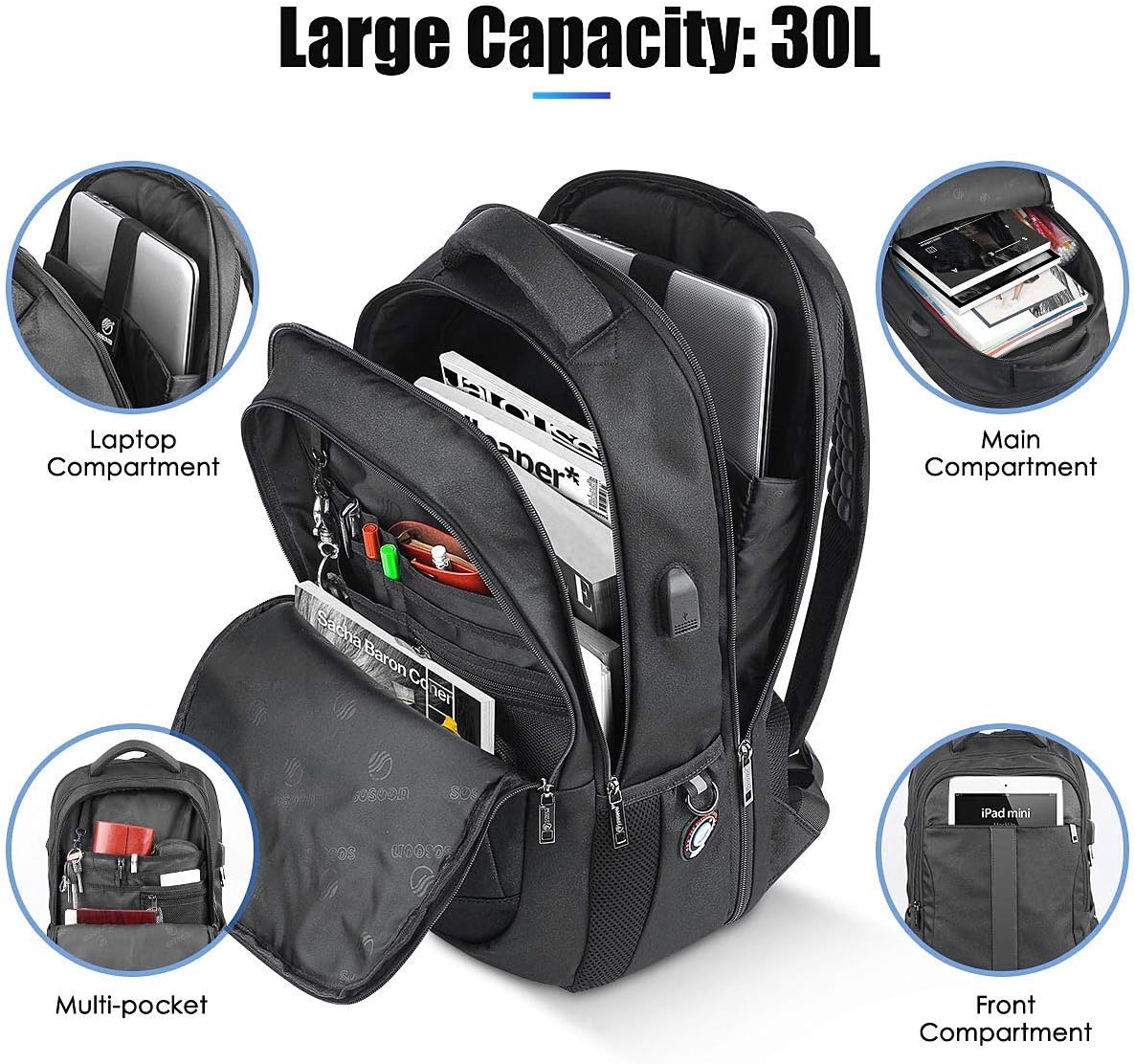 Thumbnail 1 de Sosoon Laptop Backpack: Anti-Theft 30L Travel & Work Rucksack with USB Charge Port
