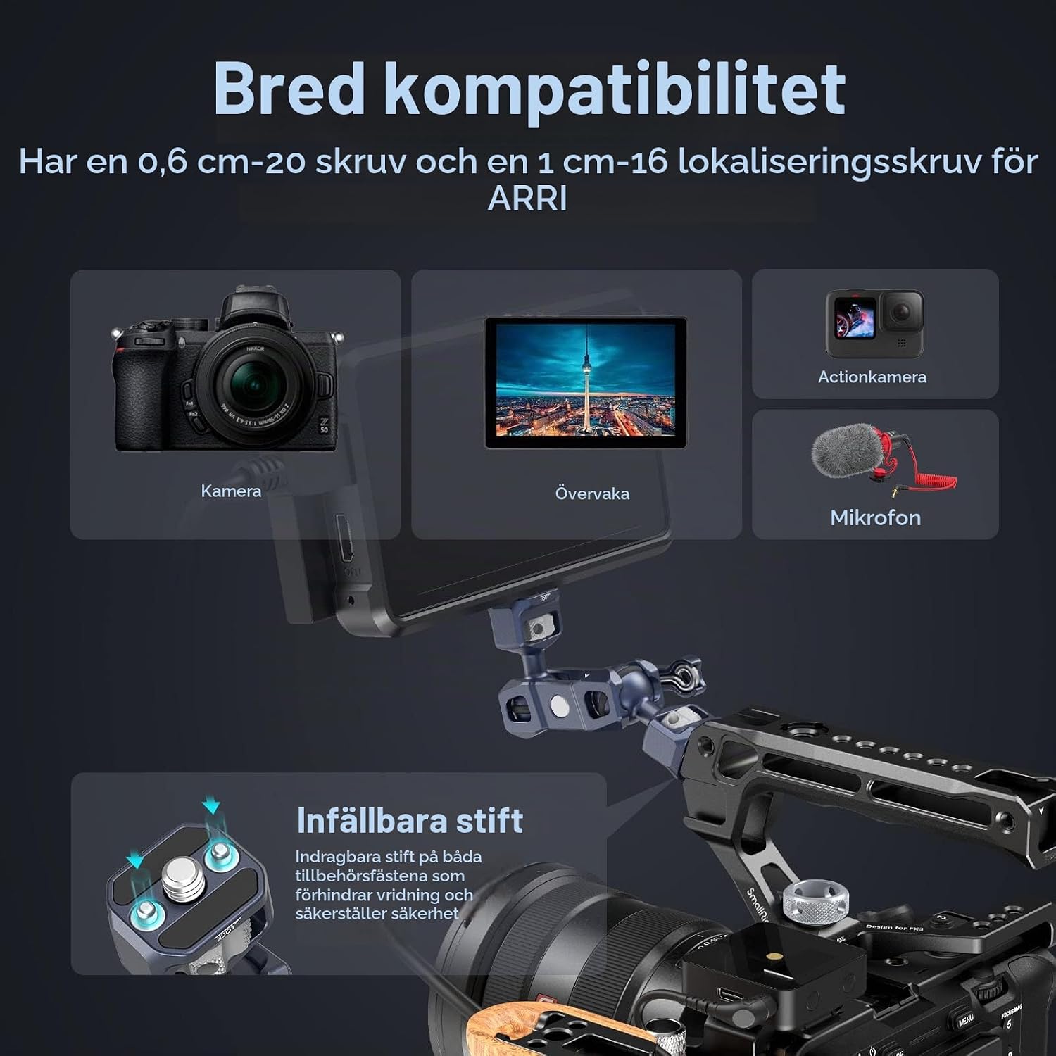 Detalle de SMALLRIG 3874 kulledsarm för kamera med 1/4"-20 och 3/8"-16-fäste