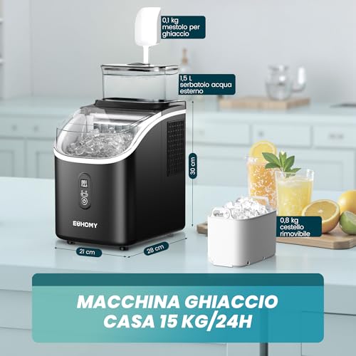 Thumbnail 6 de EUHOMY Macchina del Ghiaccio Casa 15 kg/24h con 16 cubetti in 13 minuti – Autopulente, serbatoi da 0,5 L e 1,5 L, accessori inclusi