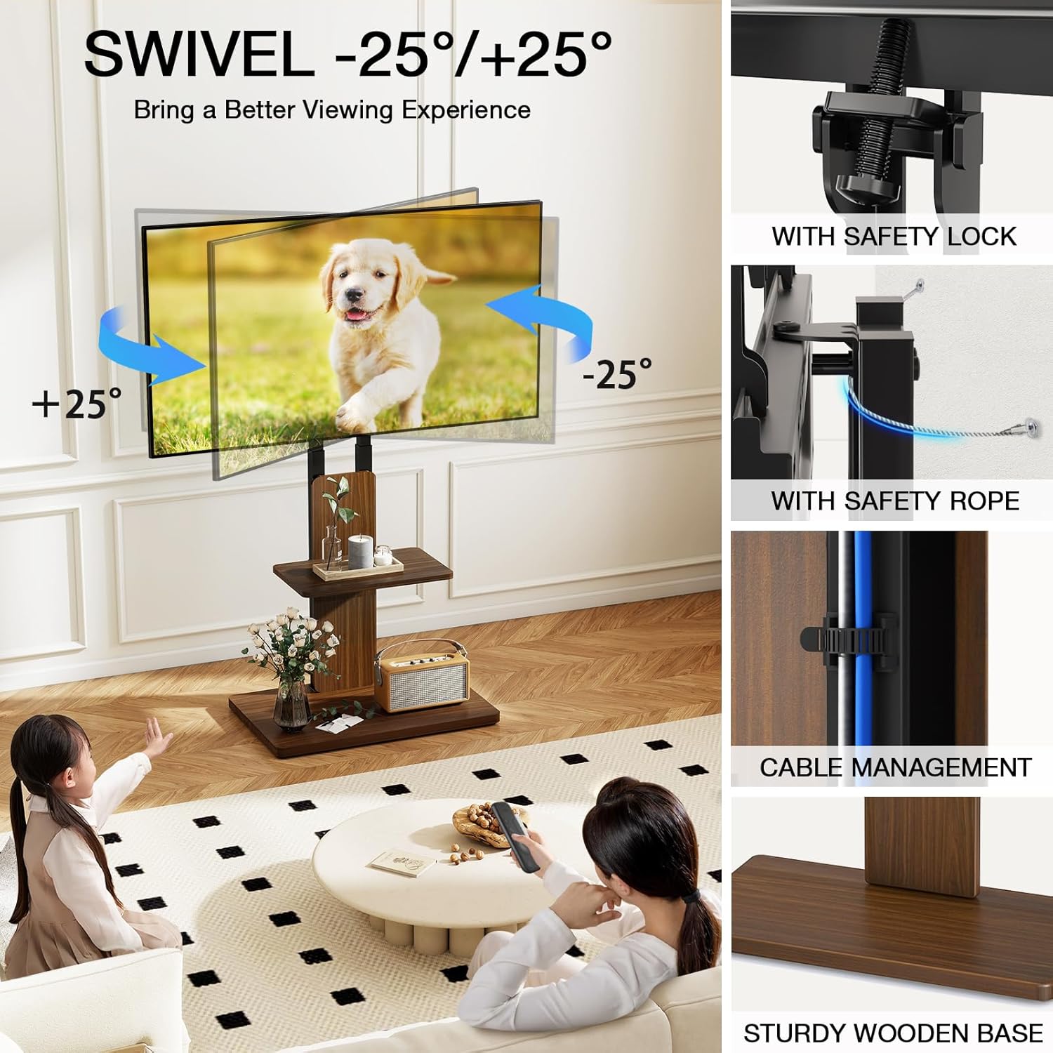 Thumbnail 3 de TVON support TV au sol sur roulettes cachées (32 à 70 pouces) hauteur réglable, base en bois