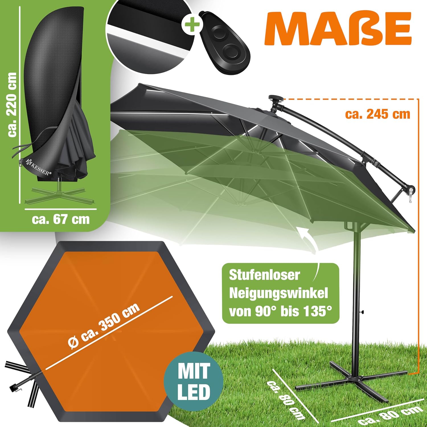 Detalle 2 de KESSER® Alu Ampelschirm LED Solar – 360° drehbar, mit LED-Licht, Kurbel & Abdeckung