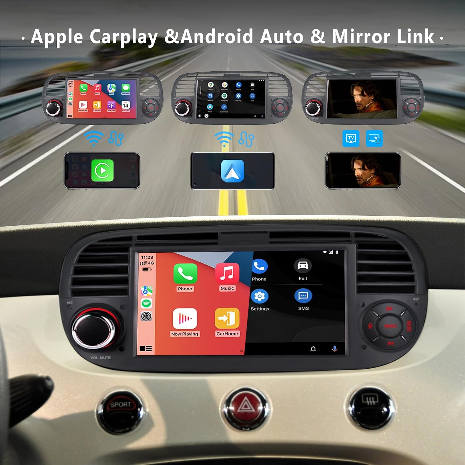 Detalle de Autoradio per Fiat 500 2007-2015 con Car Play/Android Auto wireless, SWC, USB e Mirror Link