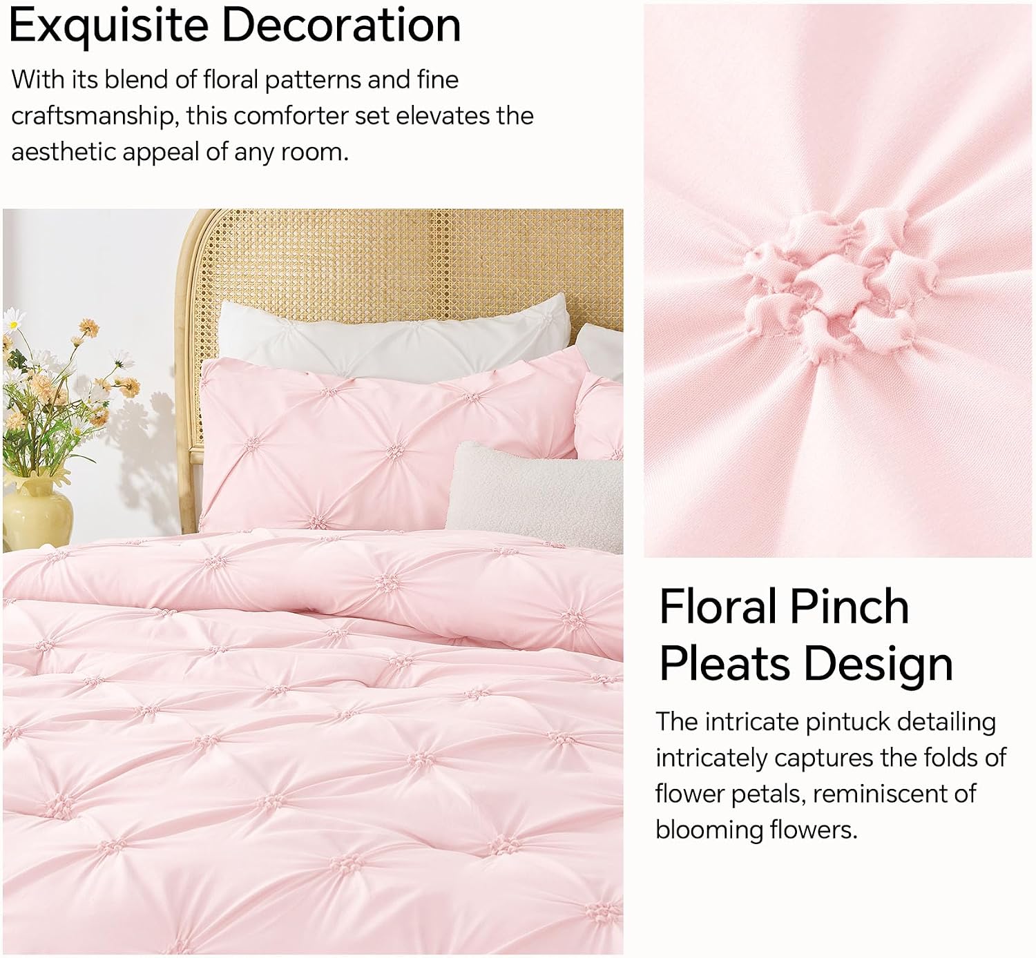 Detalle de BEDELITE Baby Pink Queen Comforter Set — 3 Pieces Boho Pintuck Bedding for All-Season Comfort