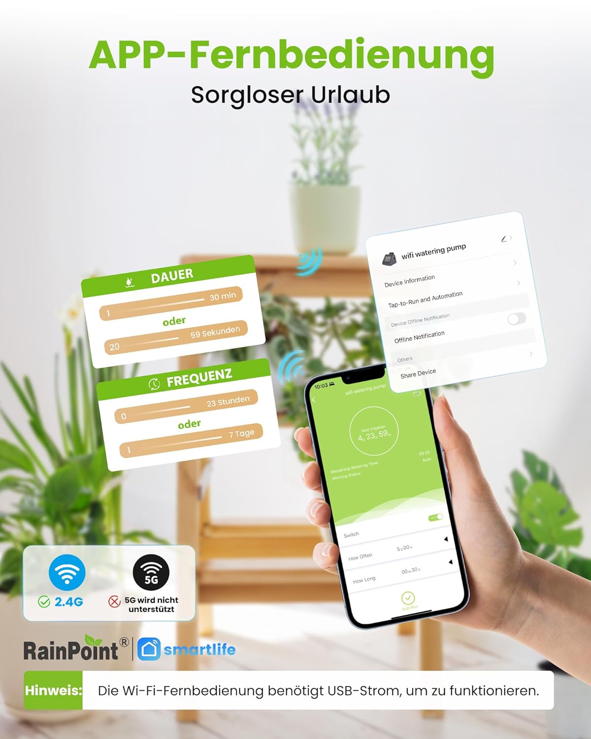 Detalle 2 de RAINPOINT WiFi sistema di irrigazione automatica per vasi fino a 10 piante con app e controllo remoto