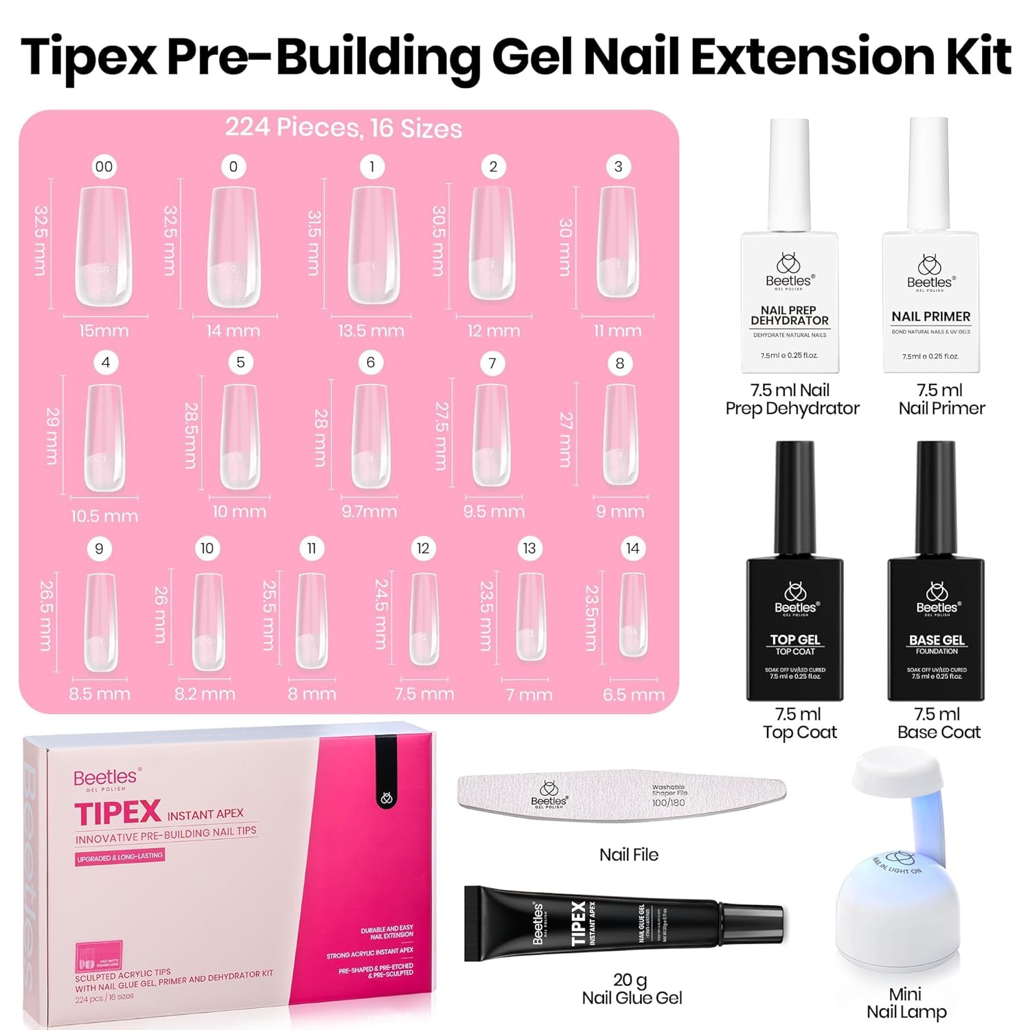Thumbnail 5 de Beetles Tipex Instant Apex Nail Tips Kit with Dehydrator & Primer, Long Square (224pcs) + Mini UV Lamp