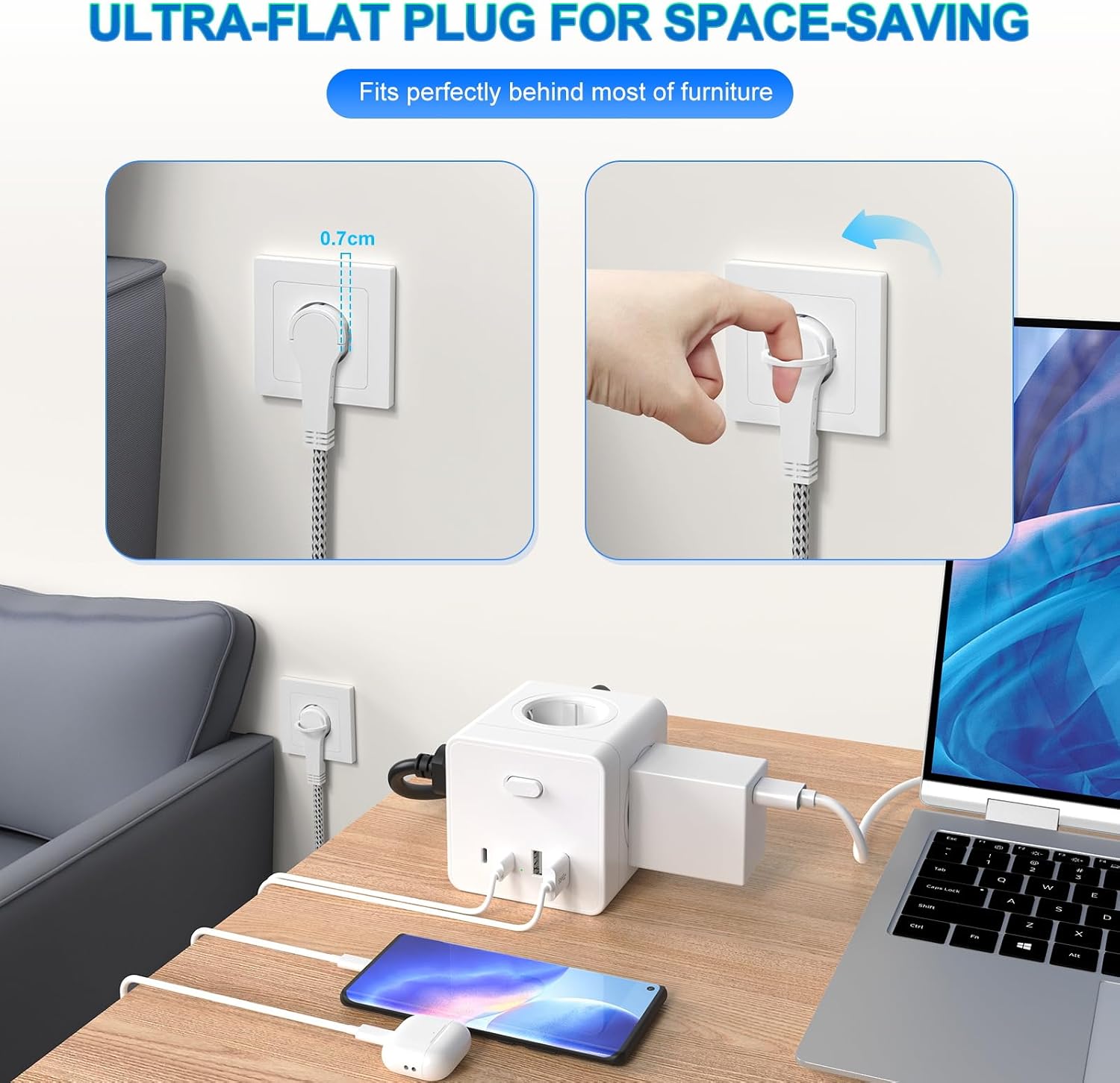 Thumbnail 4 de Steckdosenwürfel mit 4 USB – Steckdosenleiste mit 4 Schuko, 2×USB-A und 2×USB-C, Schalter, 3 m Kabel, weiß