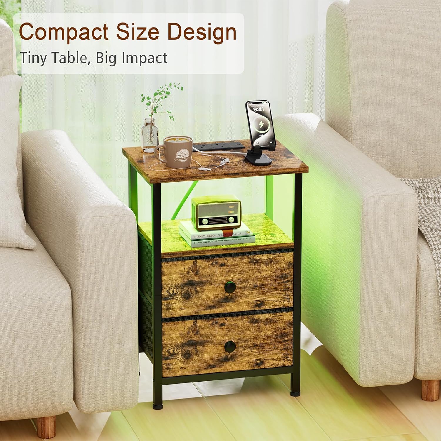 Detalle de AMHANCIBLE Night Stand Set of 2 with LED Lighting & Charging Station (UHETS02PBR)