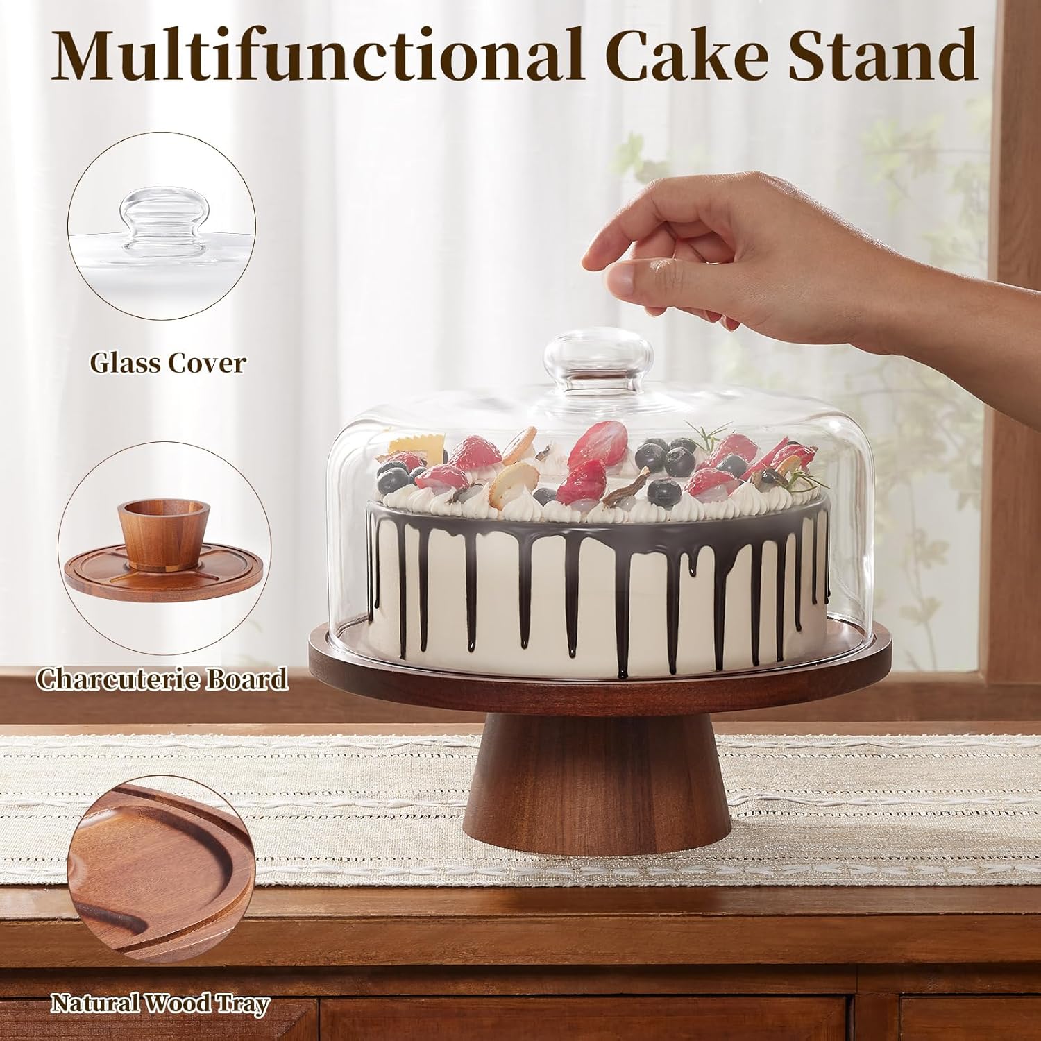 Detalle de VIVIRBIEN Wooden Cake Stand with Lid (Acacia) with Glass Dome, 11-Inch Dessert Stand with Magnetic Pedestal
