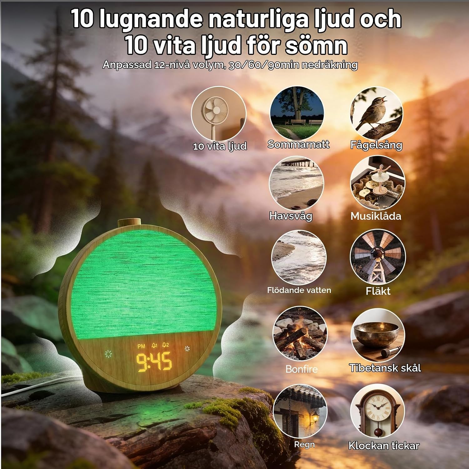 Thumbnail 6 de blonbar dagsljusväckarklocka med soluppgång, dubbelalarm och RGB-ljus