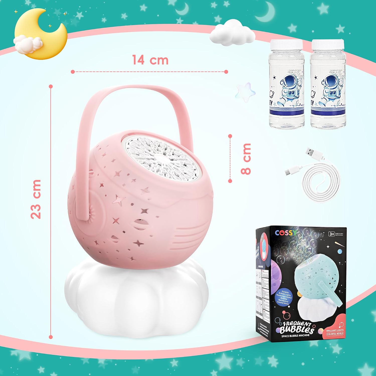 Thumbnail 6 de cossy Seifenblasenmaschine – automatische, wiederaufladbare Bubble-Maschine für Kinder (mit Licht, bis 20.000+ Blasen/Min) in Rosa