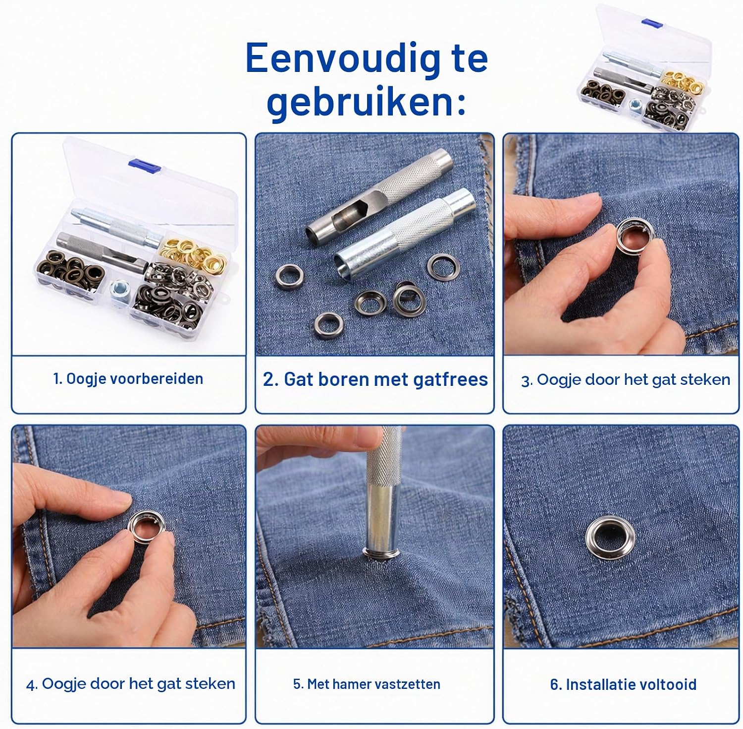 Detalle 2 de Zocipro HBT-D112 oogjestangset met 100 metalen ogen van 12 mm in 4 kleuren