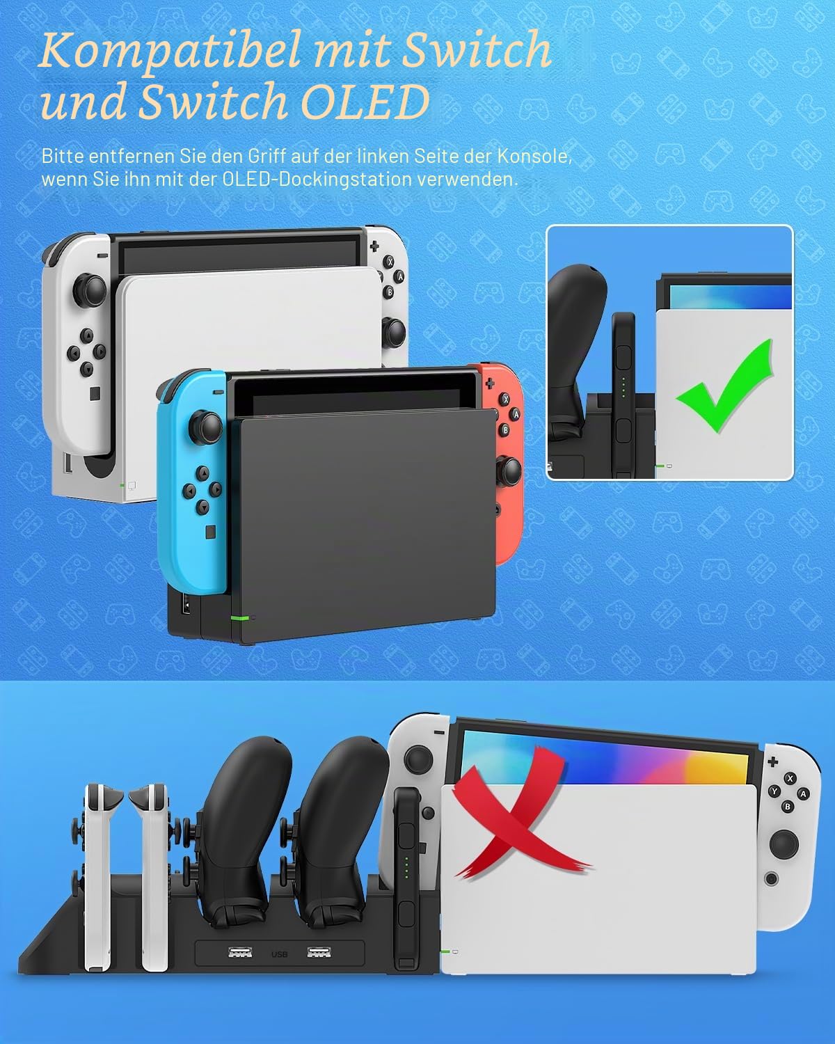 Detalle de FASTSNAIL Ladestation für Nintendo Switch / Switch OLED mit Platz für 4 Controller und Pro Controller