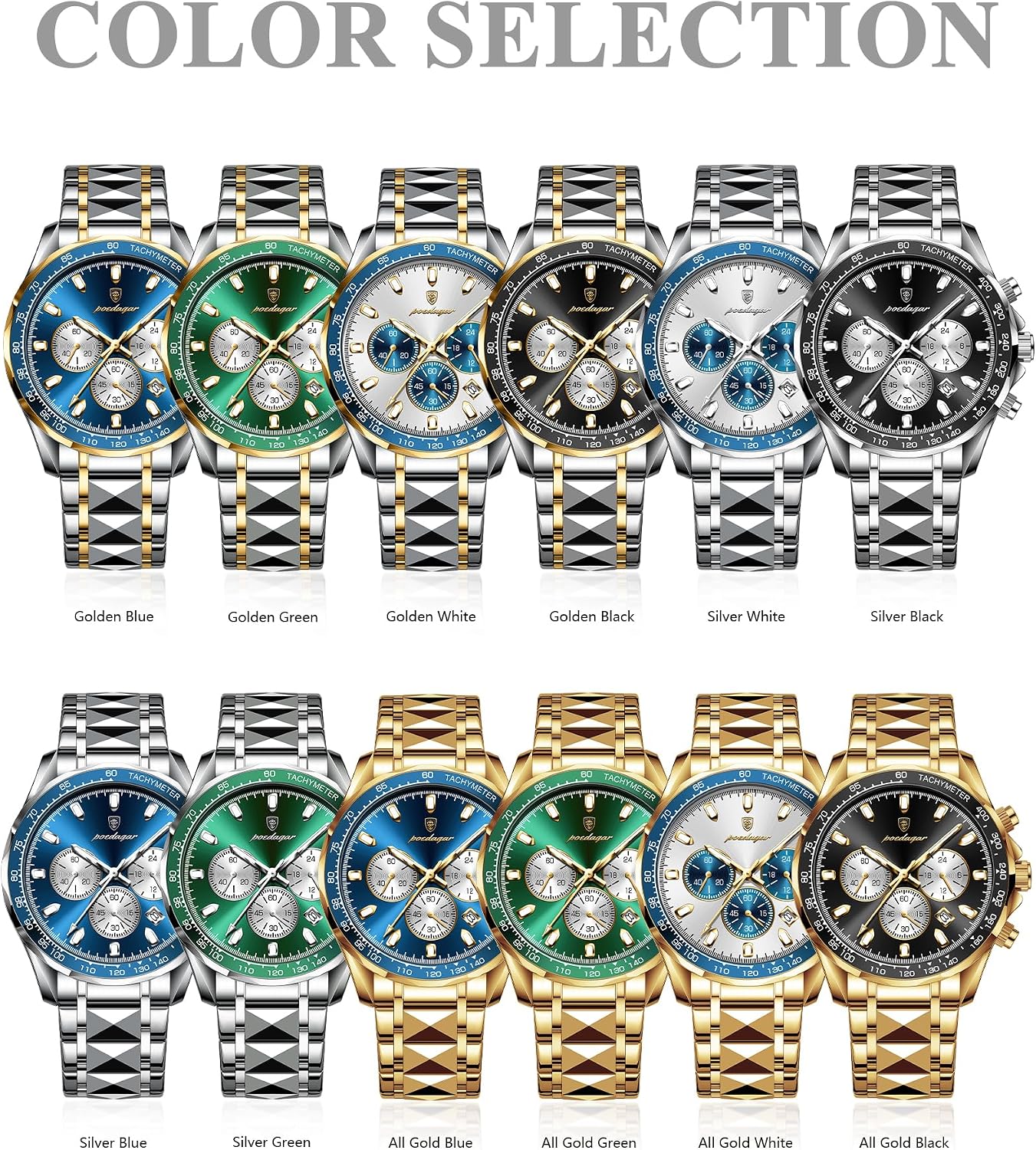 Detalle de Poedagar orologio sportivo da uomo in acciaio inox, cronografo quadrante luminoso, impermeabile 30m