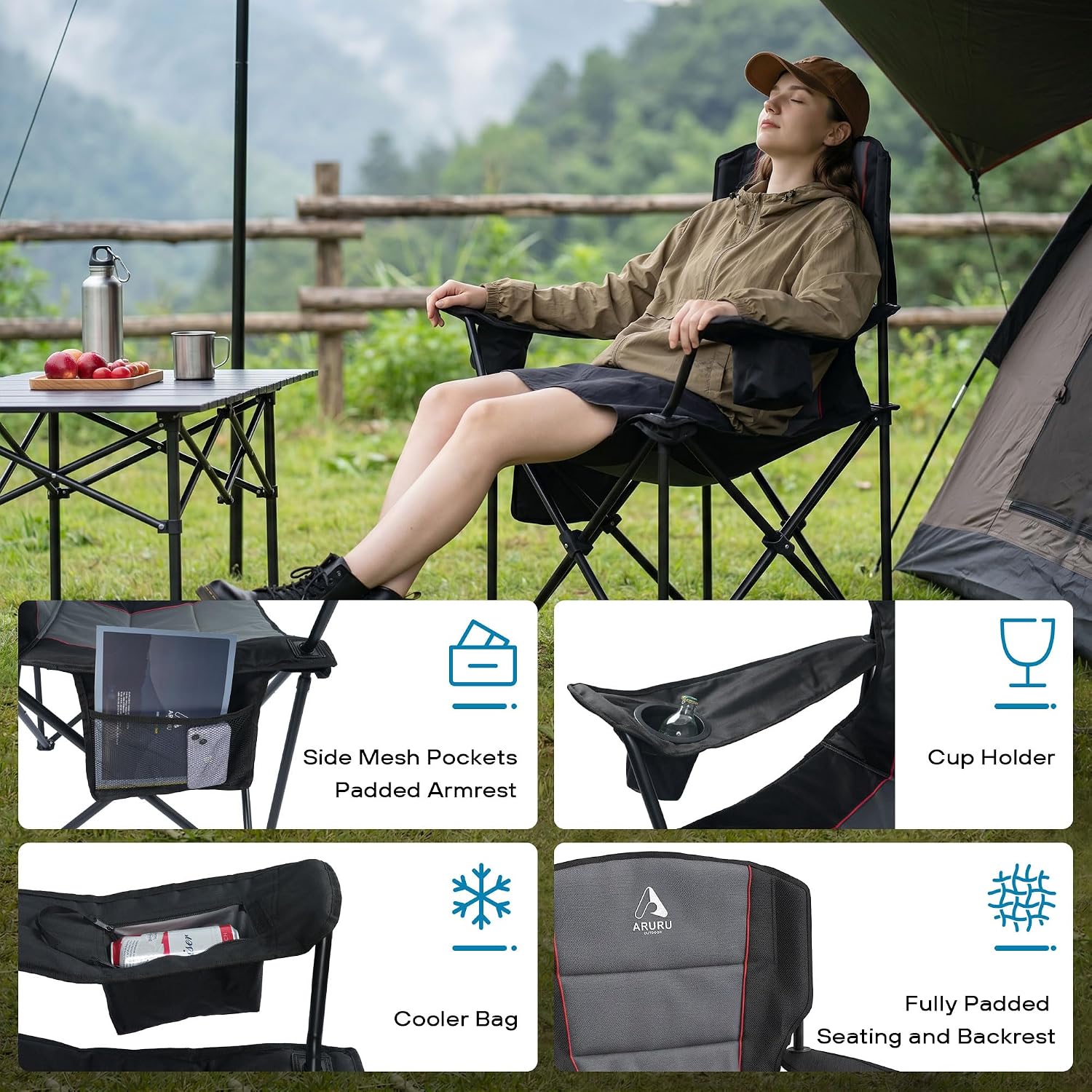 Detalle 2 de ARURU 227 Oversized Folding Camping Chair, Padded with Cooler and Pockets