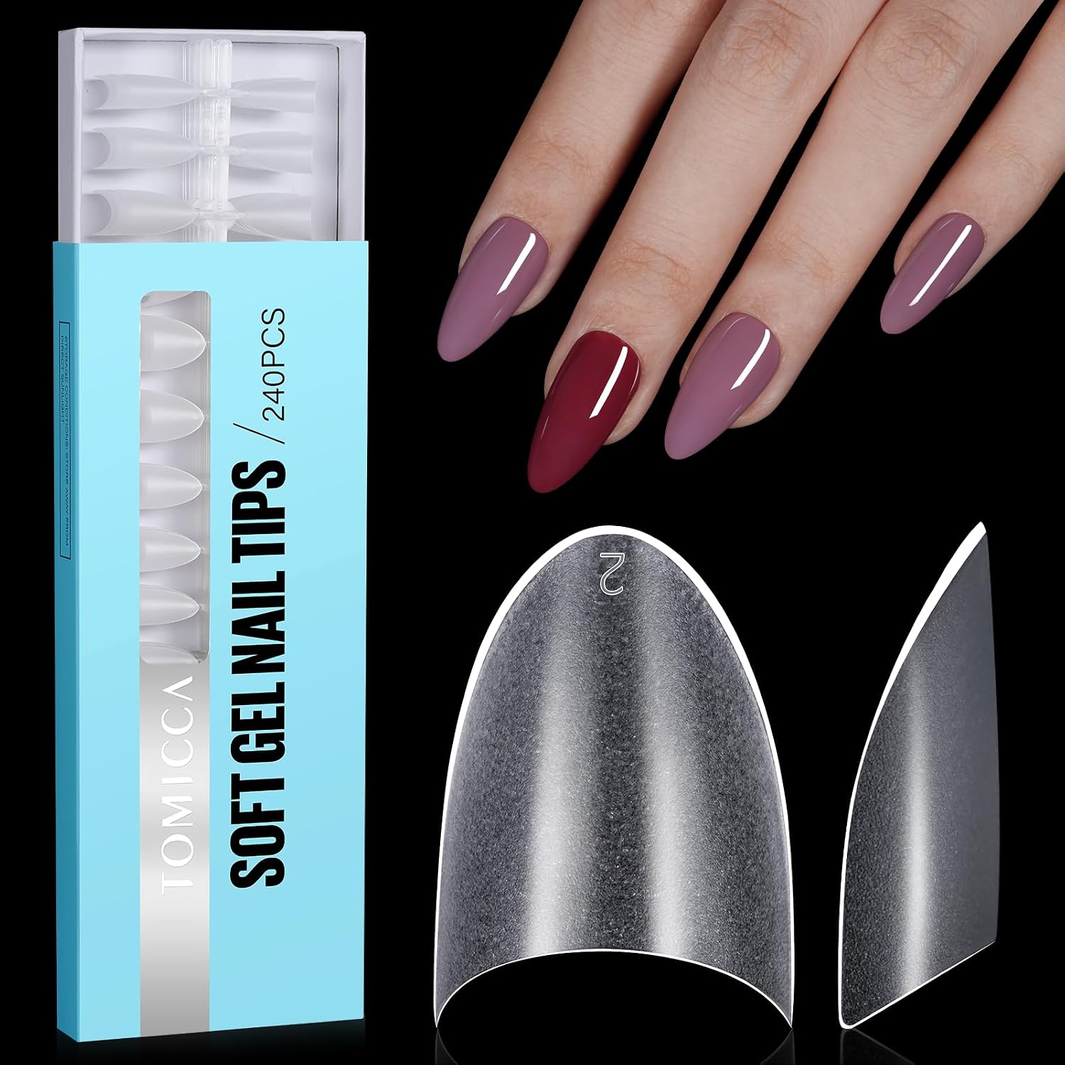 Detalle de TOMICCA Nagelspitzen Kurz Mandel – 240 klare Tips in 12 Größen für Acryl & Gel (ohne Kleber)