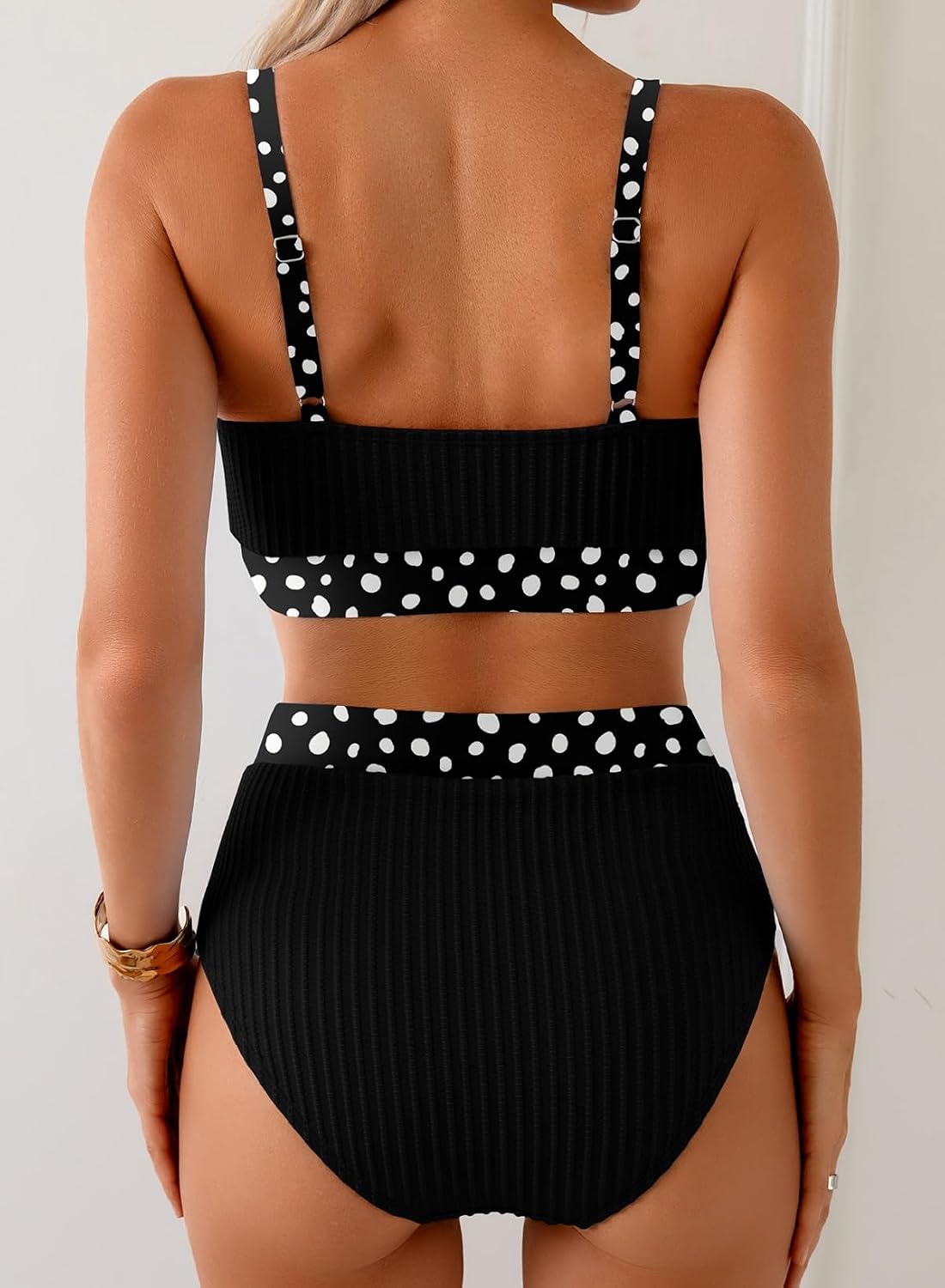 Detalle 2 de Herseas Women's Textured Bikini Set with Floral Print Trim (Scoop Neck, High-Waisted)