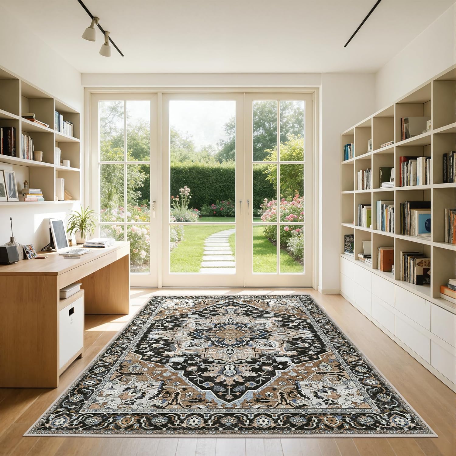 Detalle 2 de Deerly 6' x 9' Washable Area Rug, Low Pile, TPE Backing, Black/Multi