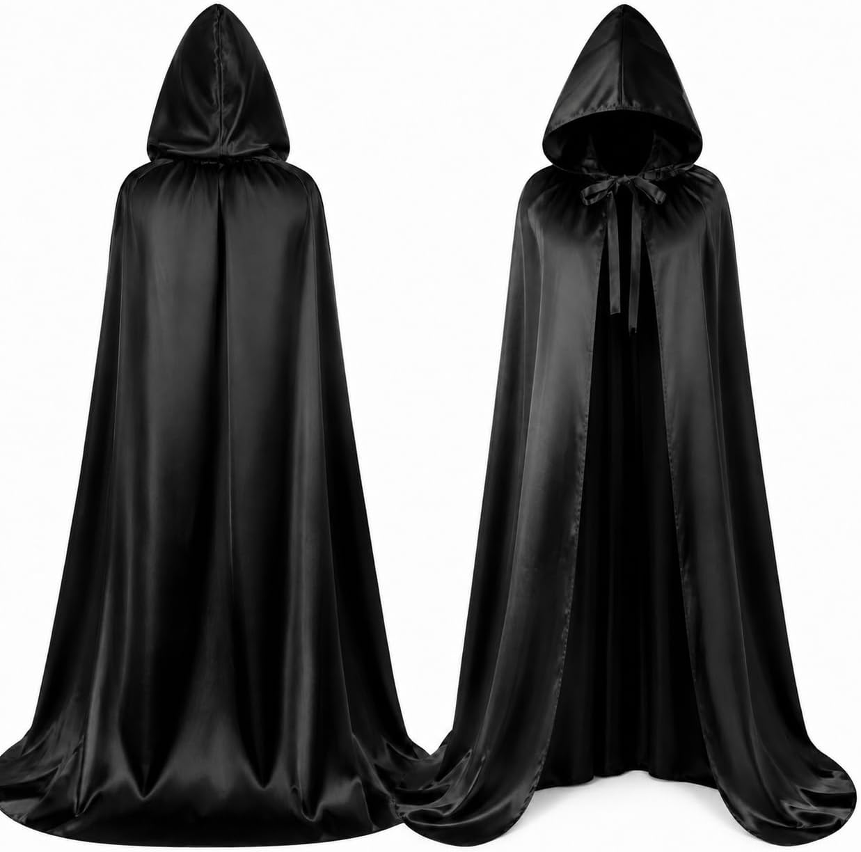 Detalle de Costumed TK349493 – czarna peleryna z kapturem i wiązaniem przy szyi