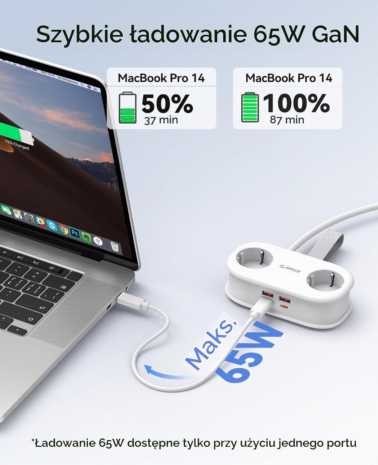 Detalle de ORICO AP3 – podróżna listwa zasilająca GaN 65 W, 2 gniazda i 4 porty USB