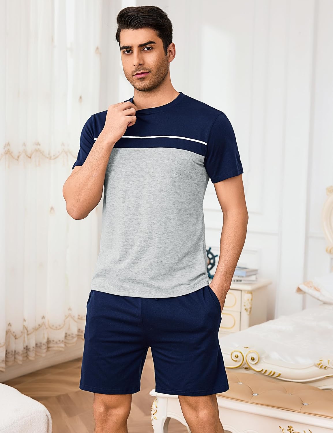 Detalle de Bresdk Ensemble de Pyjama Court pour Homme Été – Doux et Confortable, Manches Courtes + Short